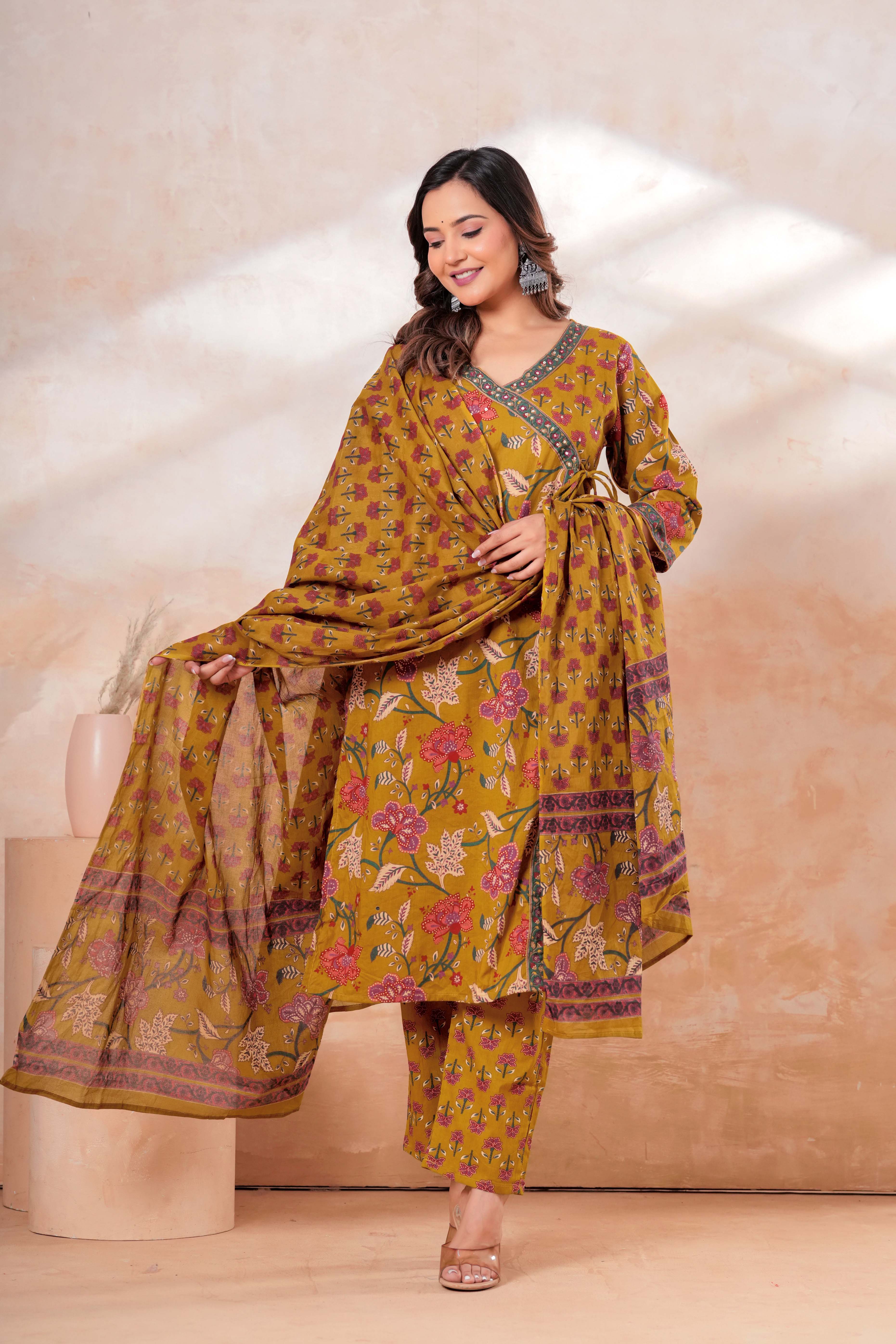 Mustard Floral Printed Cotton Kurta Set with Dupatta