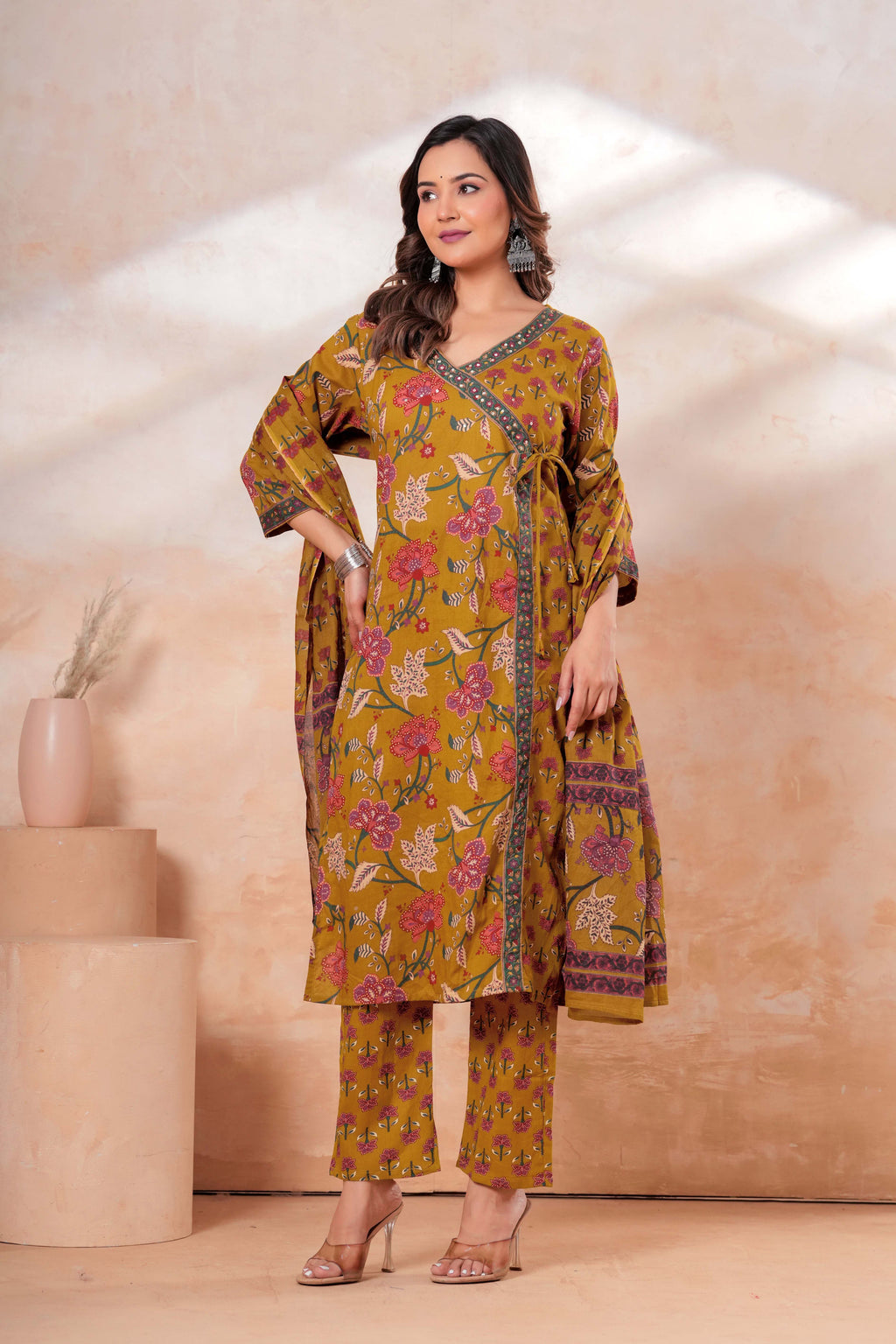 Mustard Floral Printed Cotton Kurta Set with Dupatta