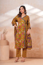 Mustard Floral Printed Cotton Kurta Set with Dupatta