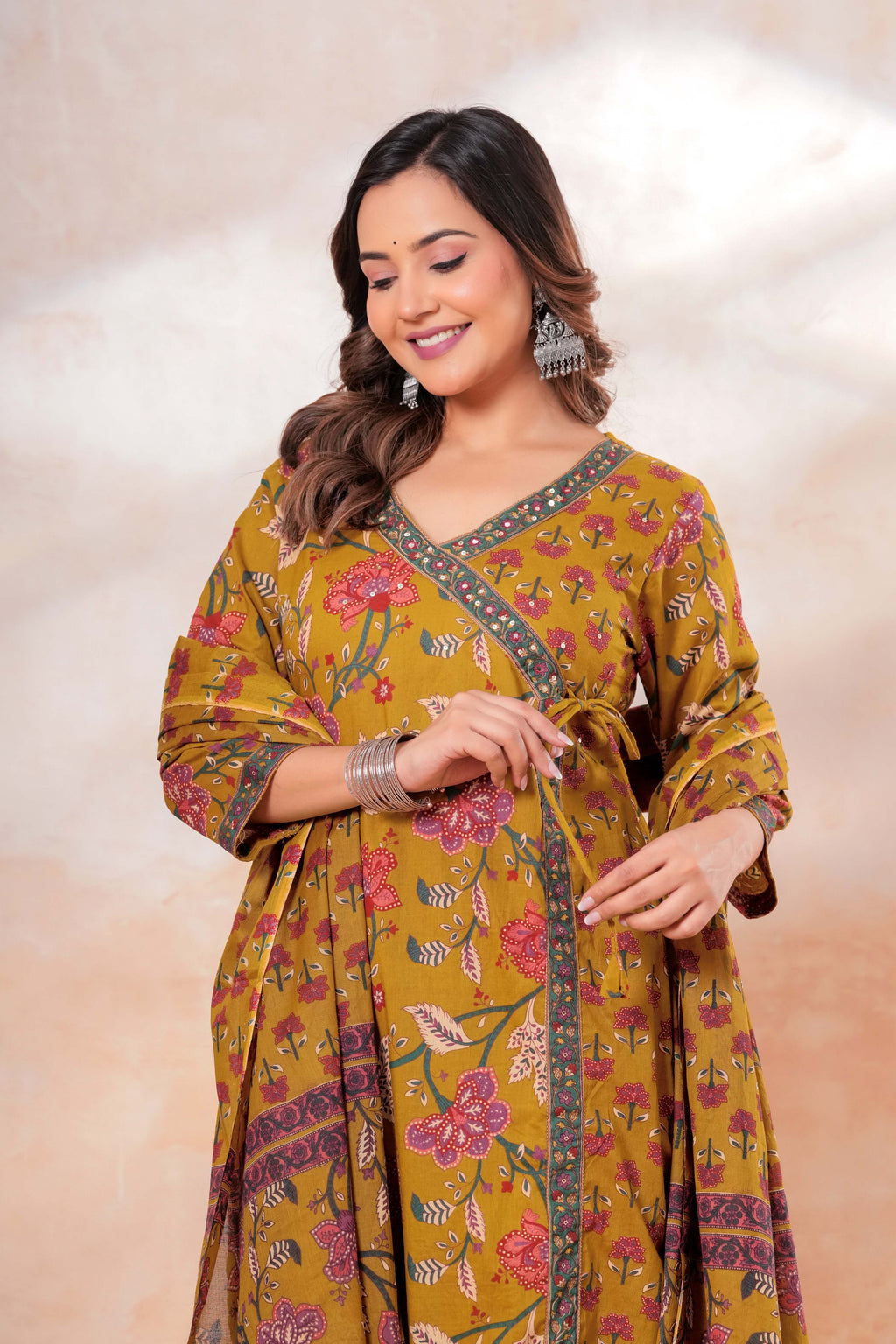 Mustard Floral Printed Cotton Kurta Set with Dupatta