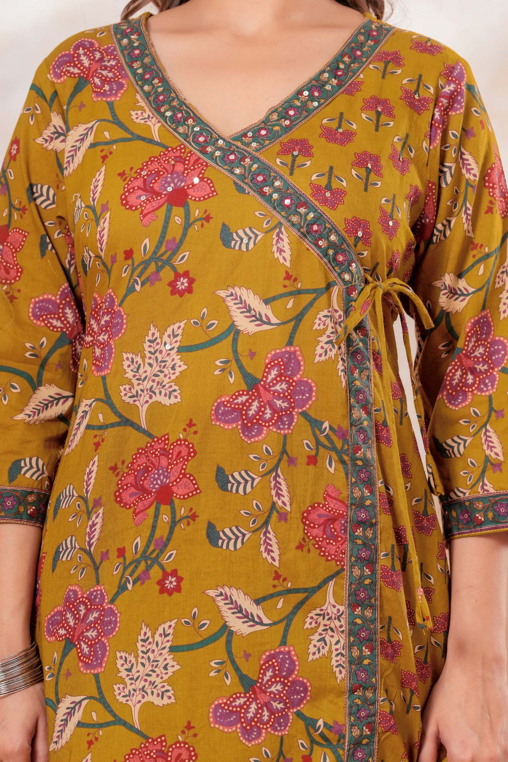 Mustard Floral Printed Cotton Kurta Set with Dupatta