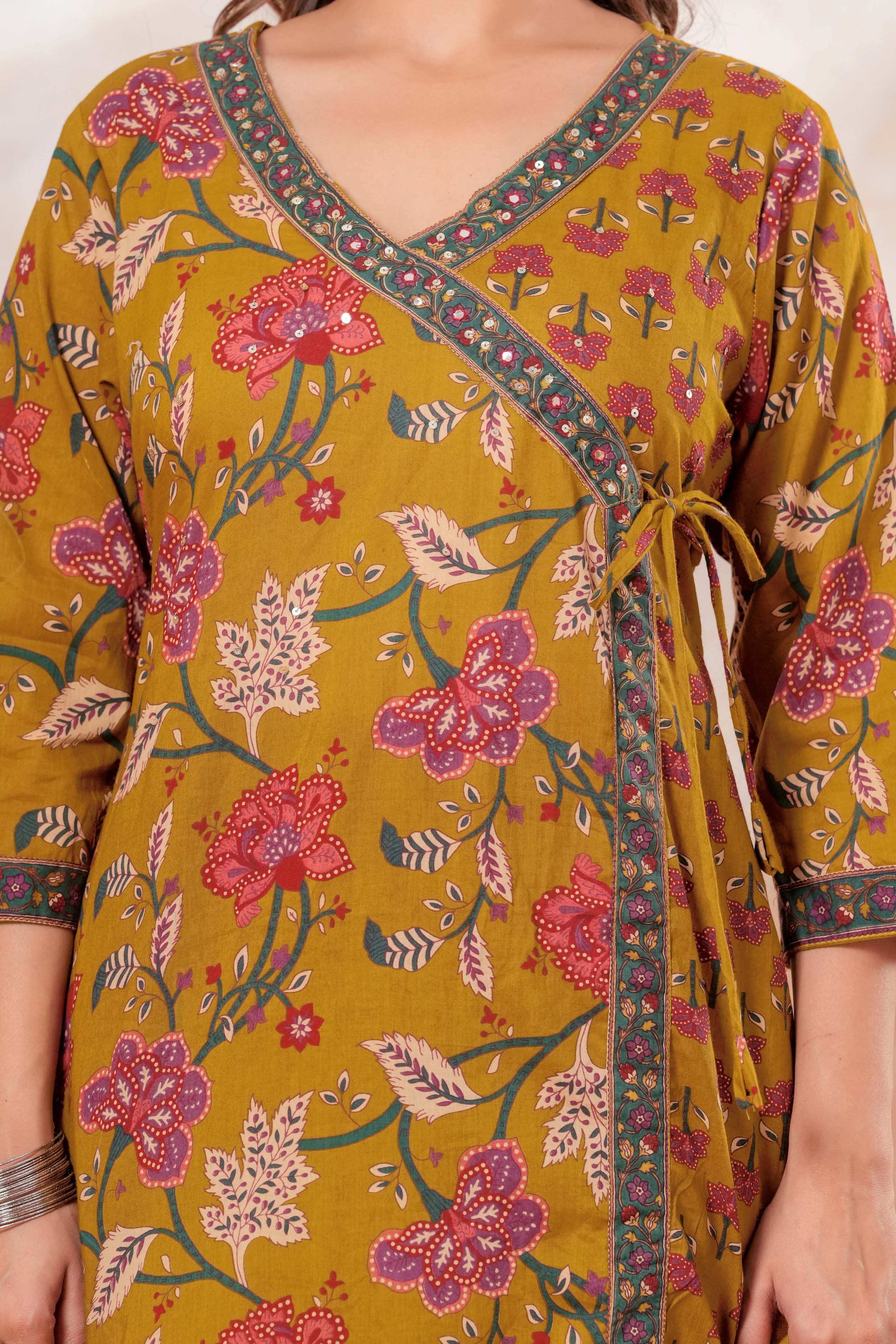 Mustard Floral Printed Cotton Kurta Set with Dupatta