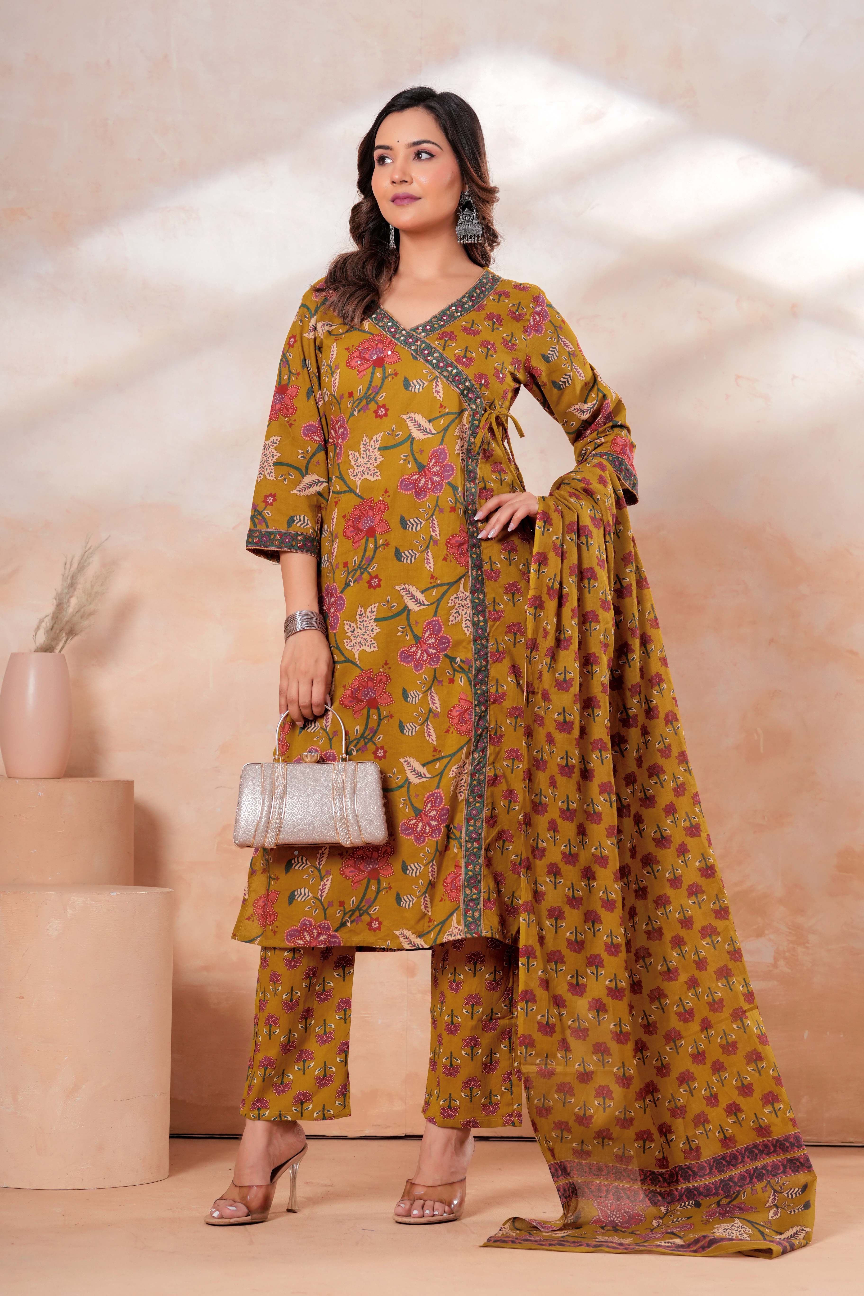 Mustard Floral Printed Cotton Kurta Set with Dupatta