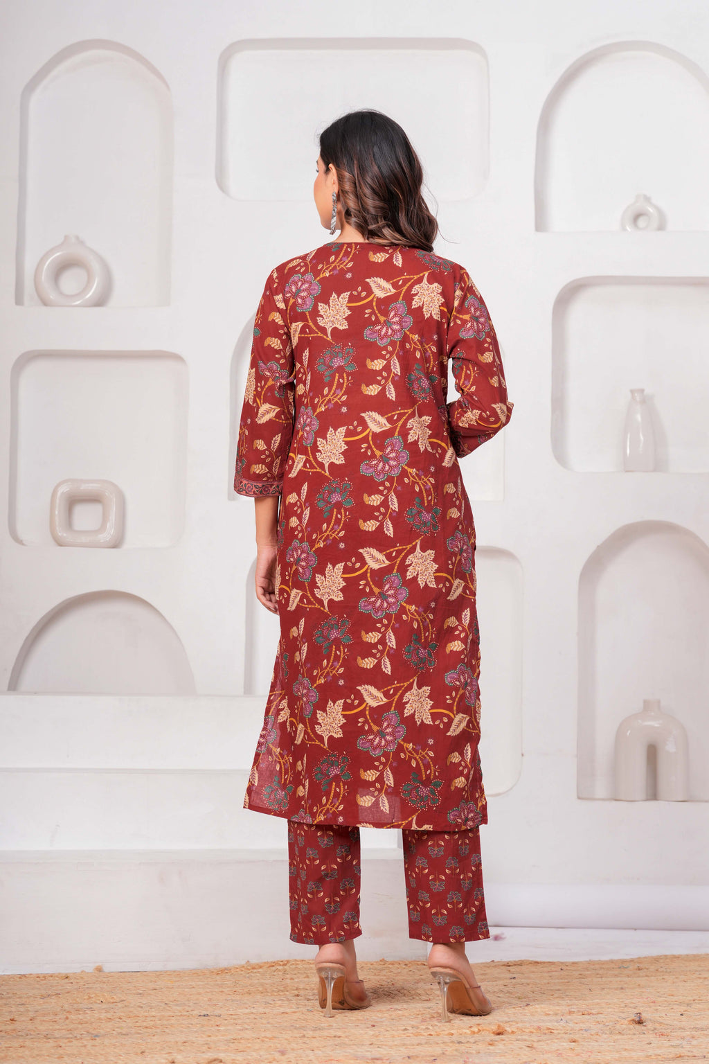 Rust Red Floral Printed Kurta Set with Dupatta