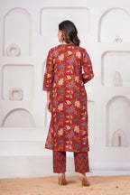 Rust Red Floral Printed Kurta Set with Dupatta