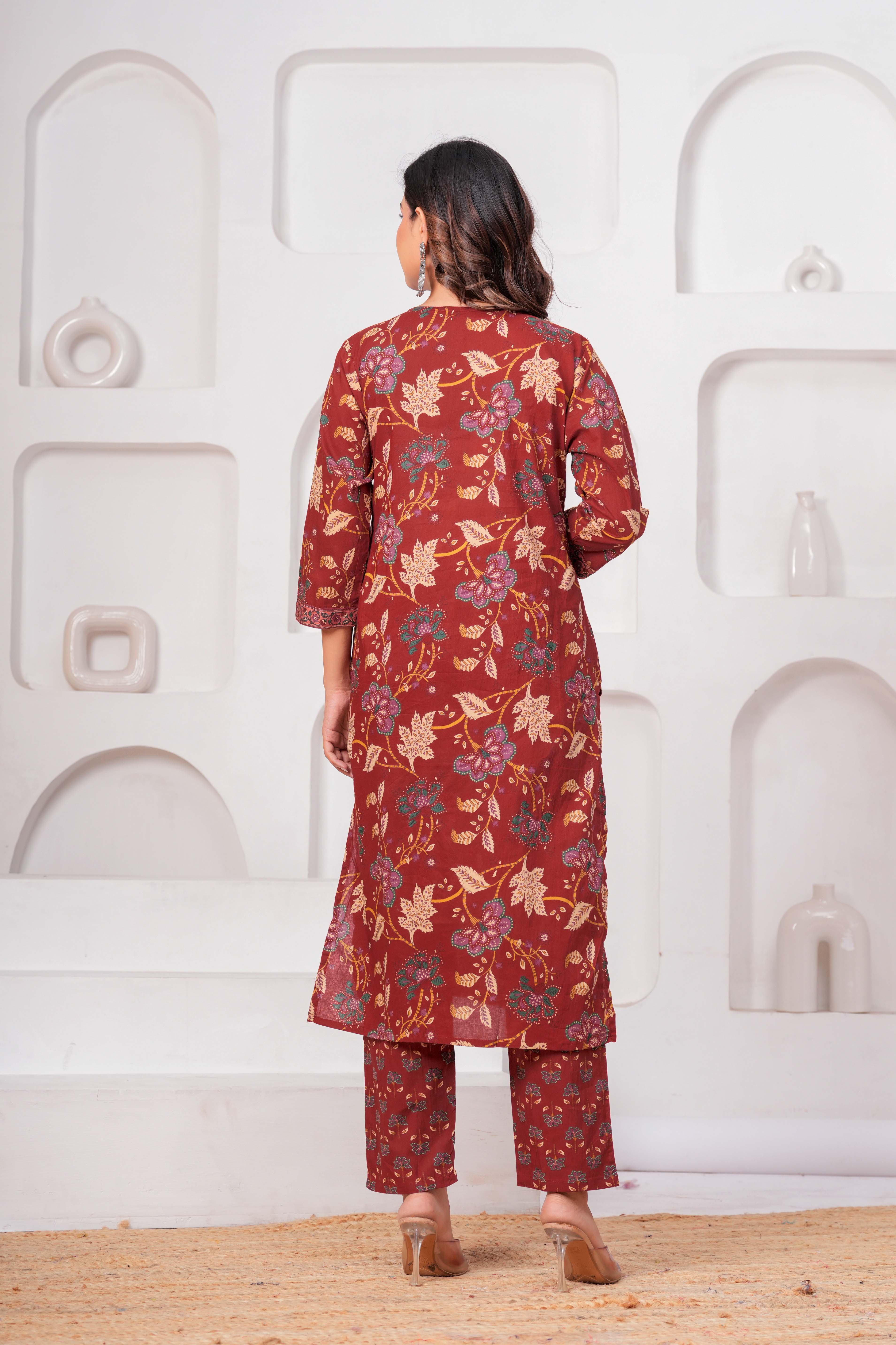 Rust Red Floral Printed Kurta Set with Dupatta