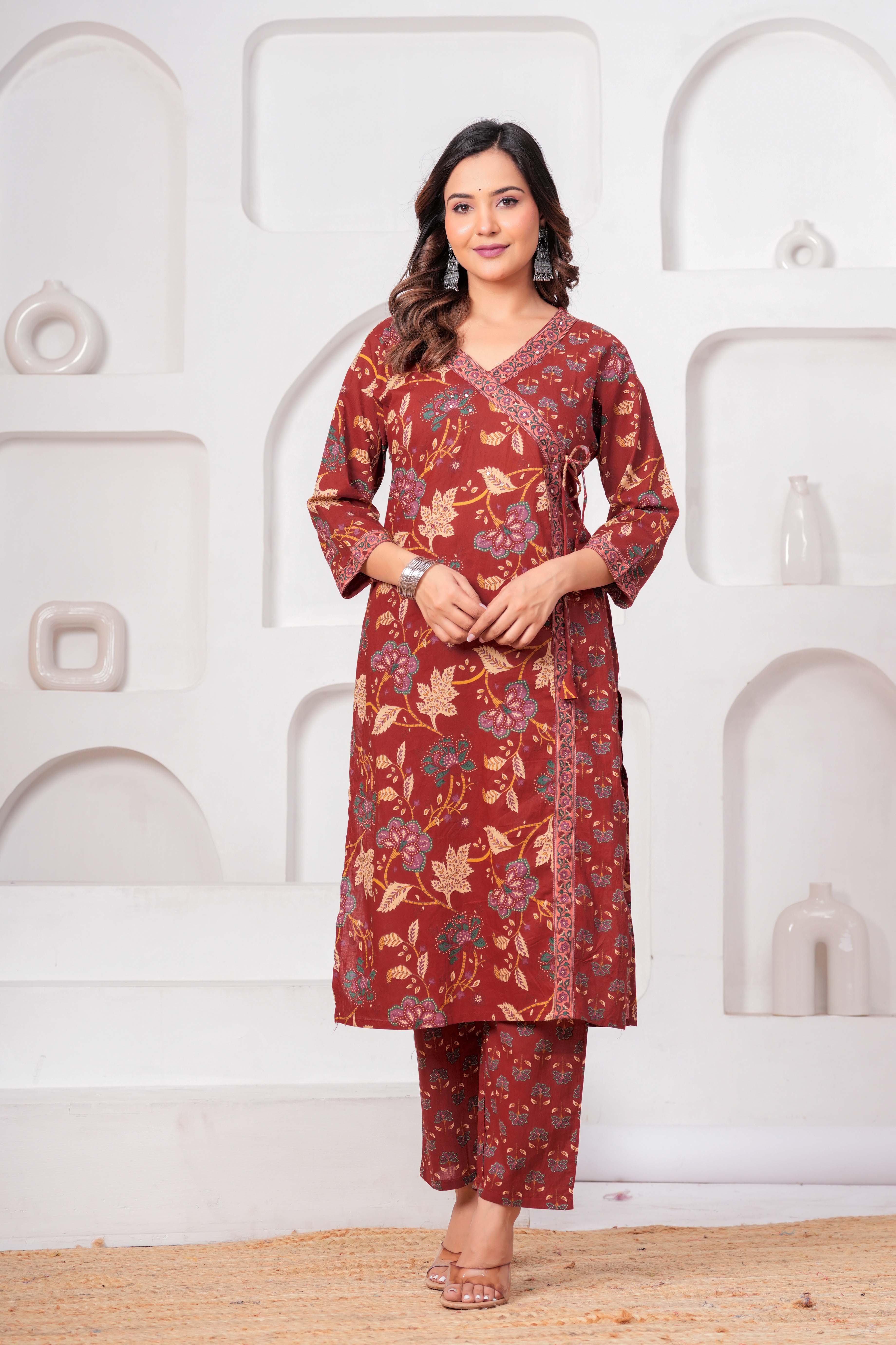 Rust Red Floral Printed Kurta Set with Dupatta