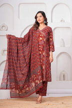 Rust Red Floral Printed Kurta Set with Dupatta