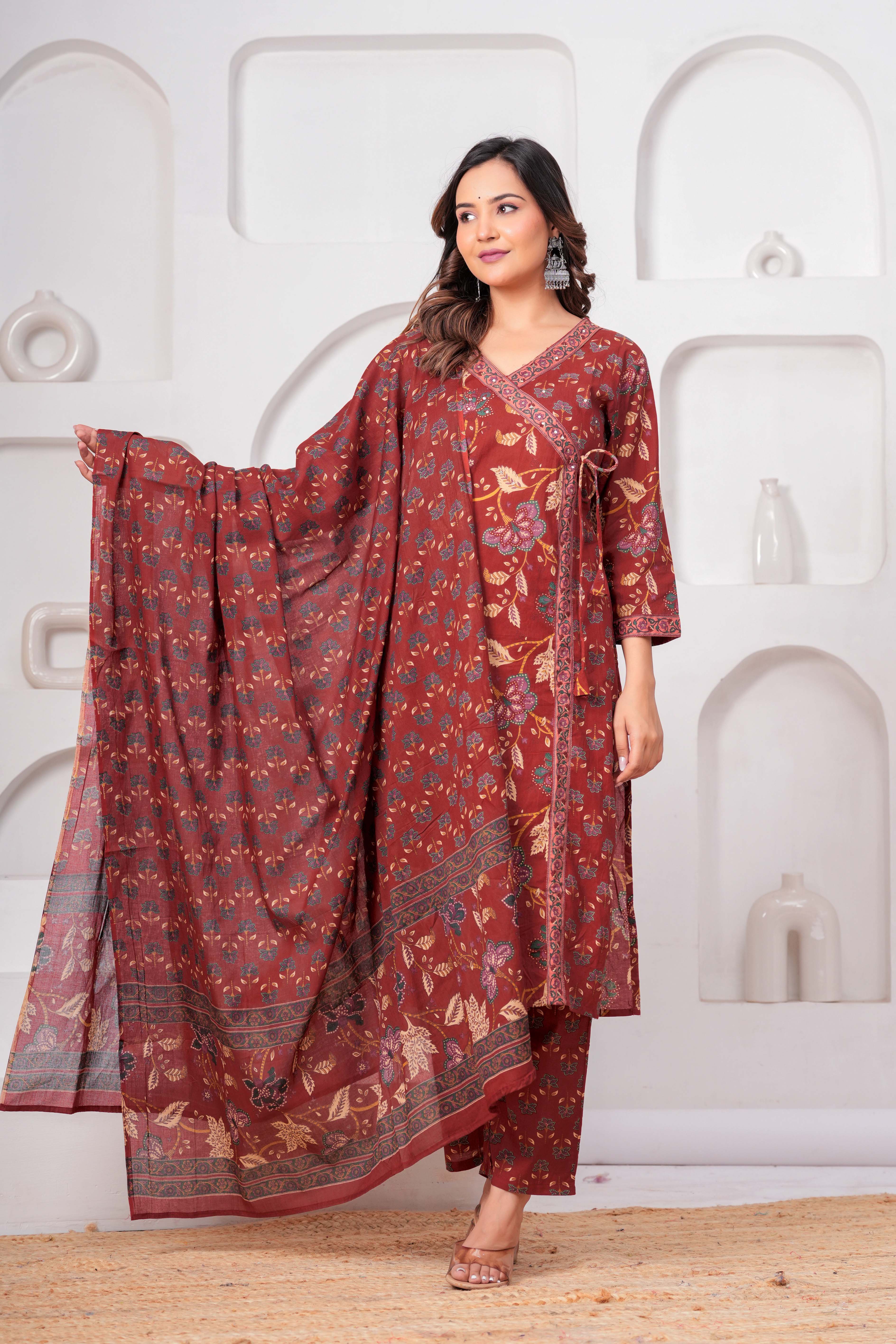 Rust Red Floral Printed Kurta Set with Dupatta