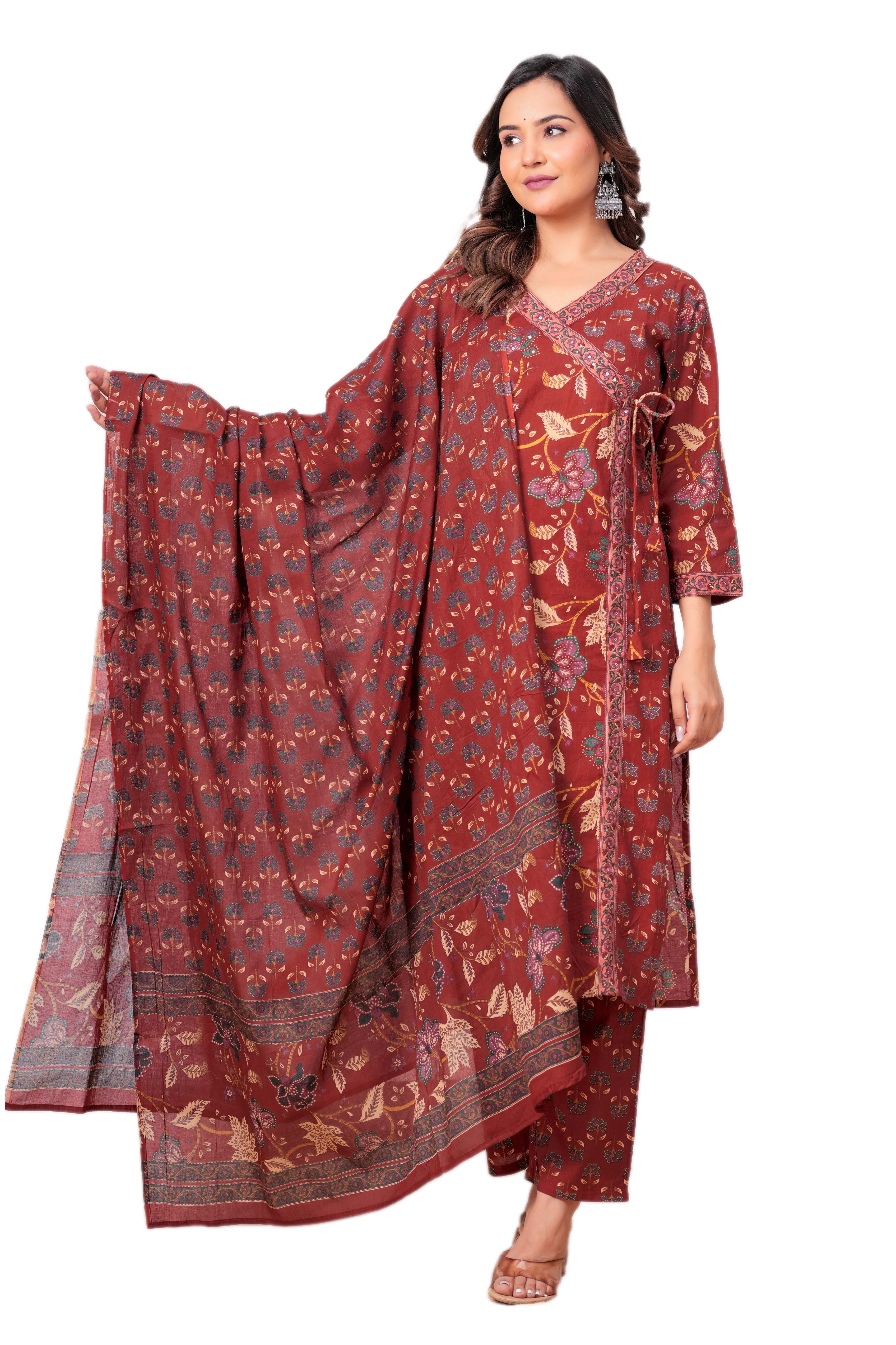 Rust Red Floral Printed Kurta Set with Dupatta