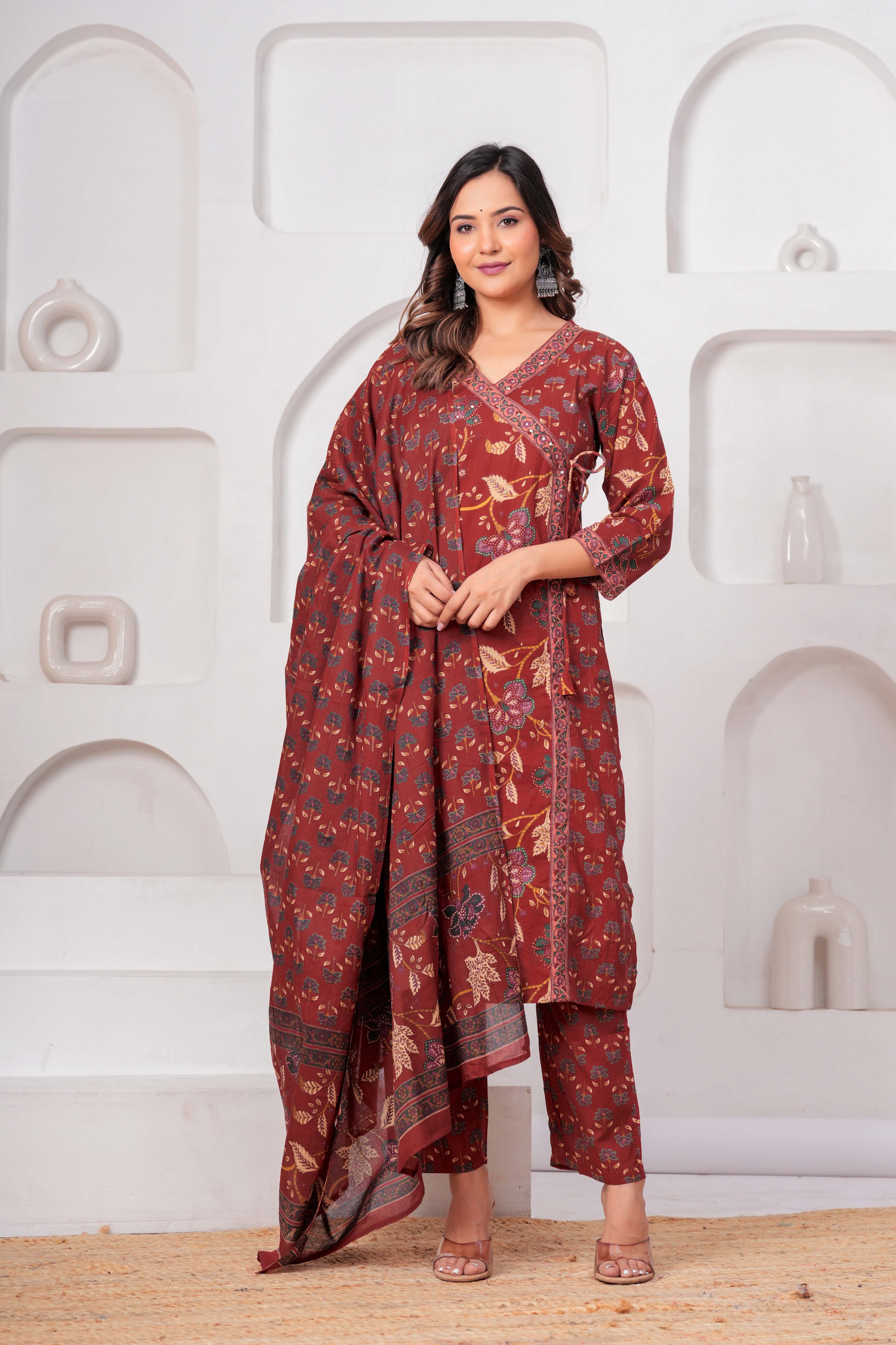 Rust Red Floral Printed Kurta Set with Dupatta