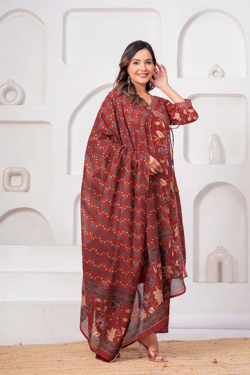 Rust Red Floral Printed Kurta Set with Dupatta