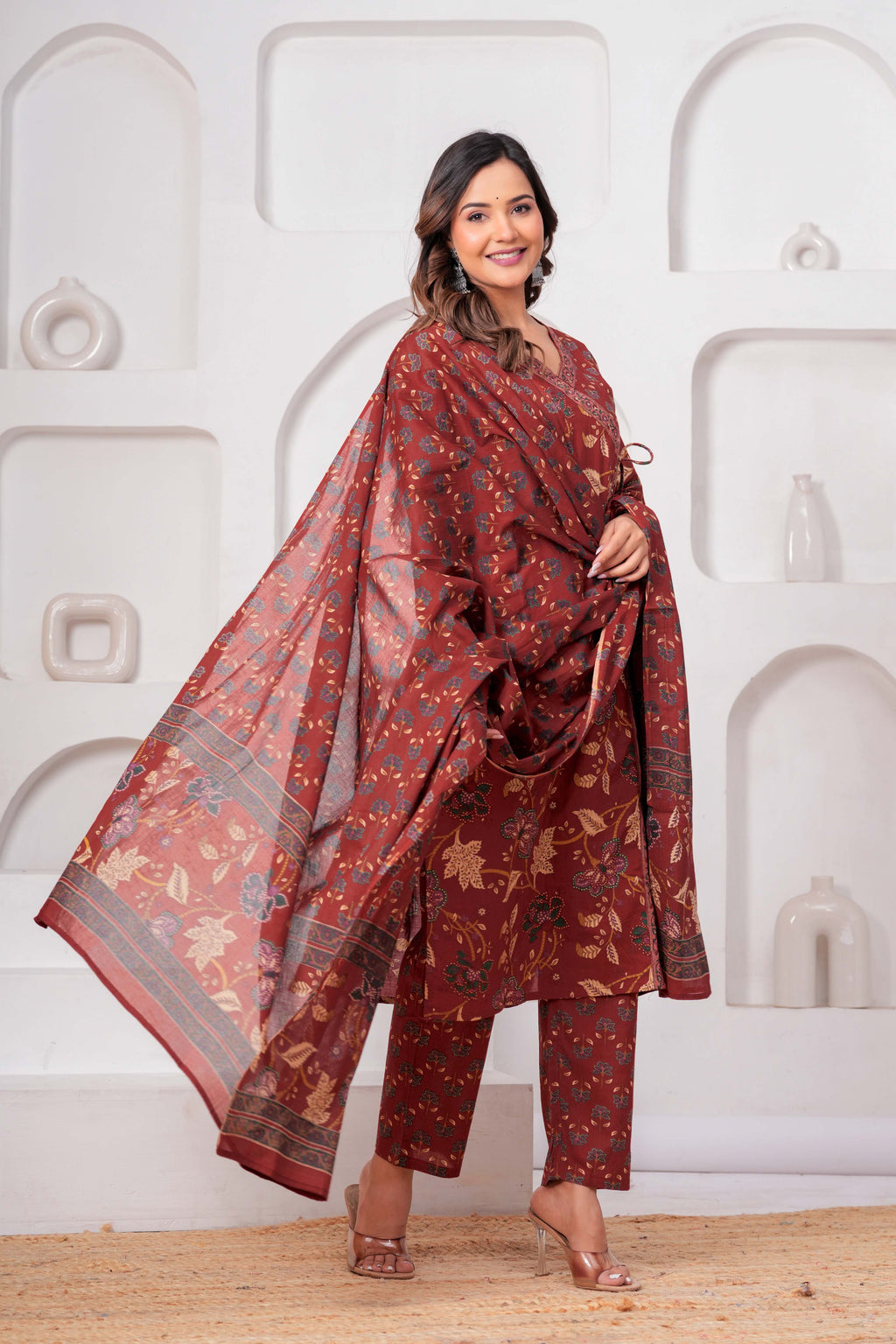 Rust Red Floral Printed Kurta Set with Dupatta