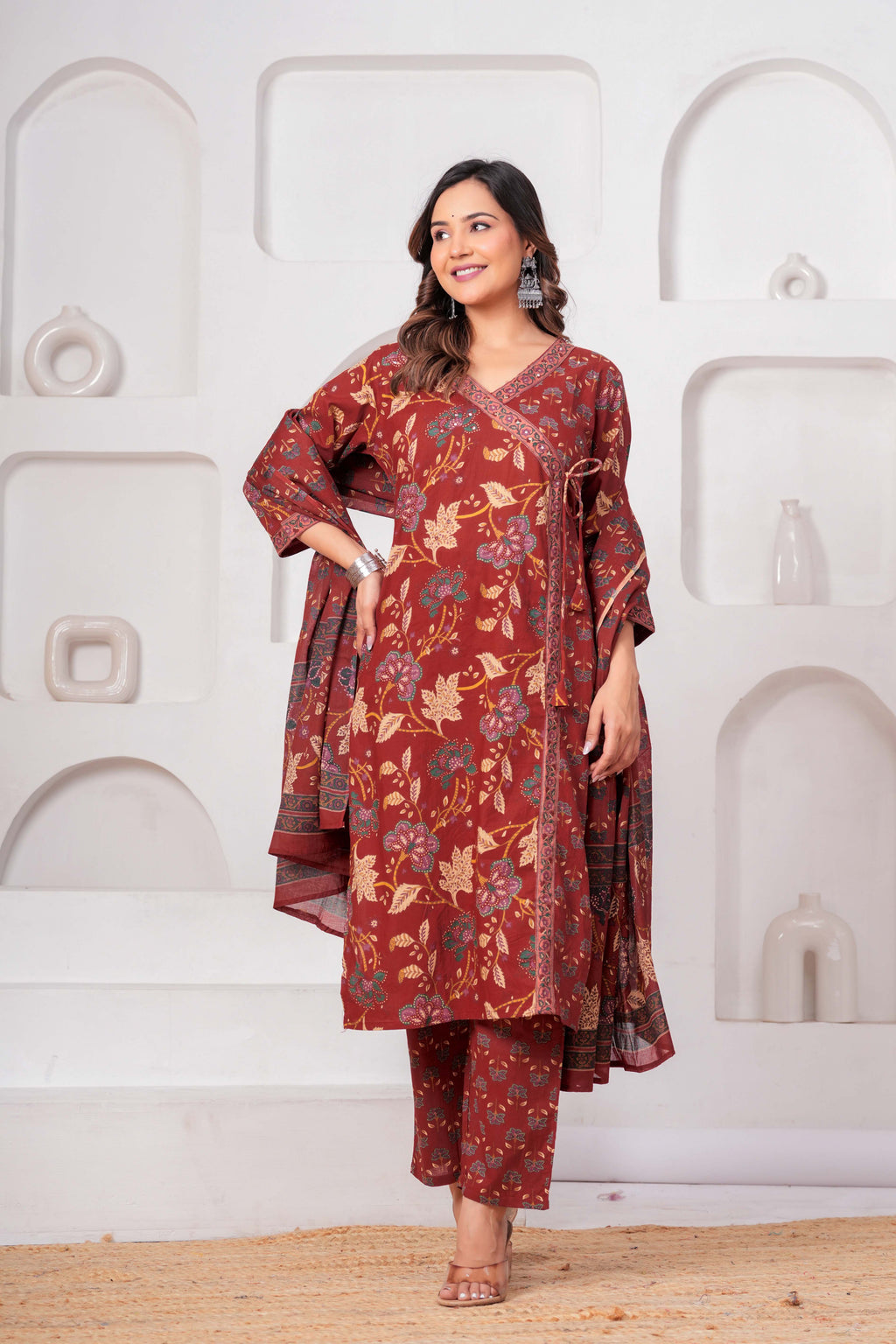 Rust Red Floral Printed Kurta Set with Dupatta