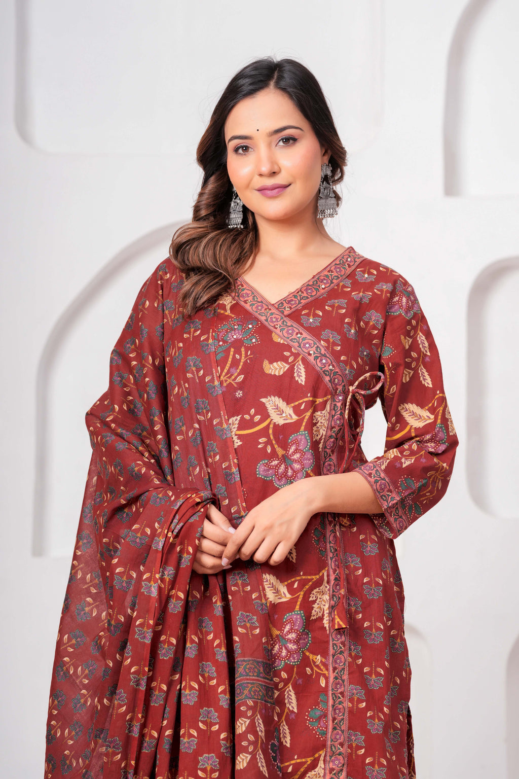 Rust Red Floral Printed Kurta Set with Dupatta