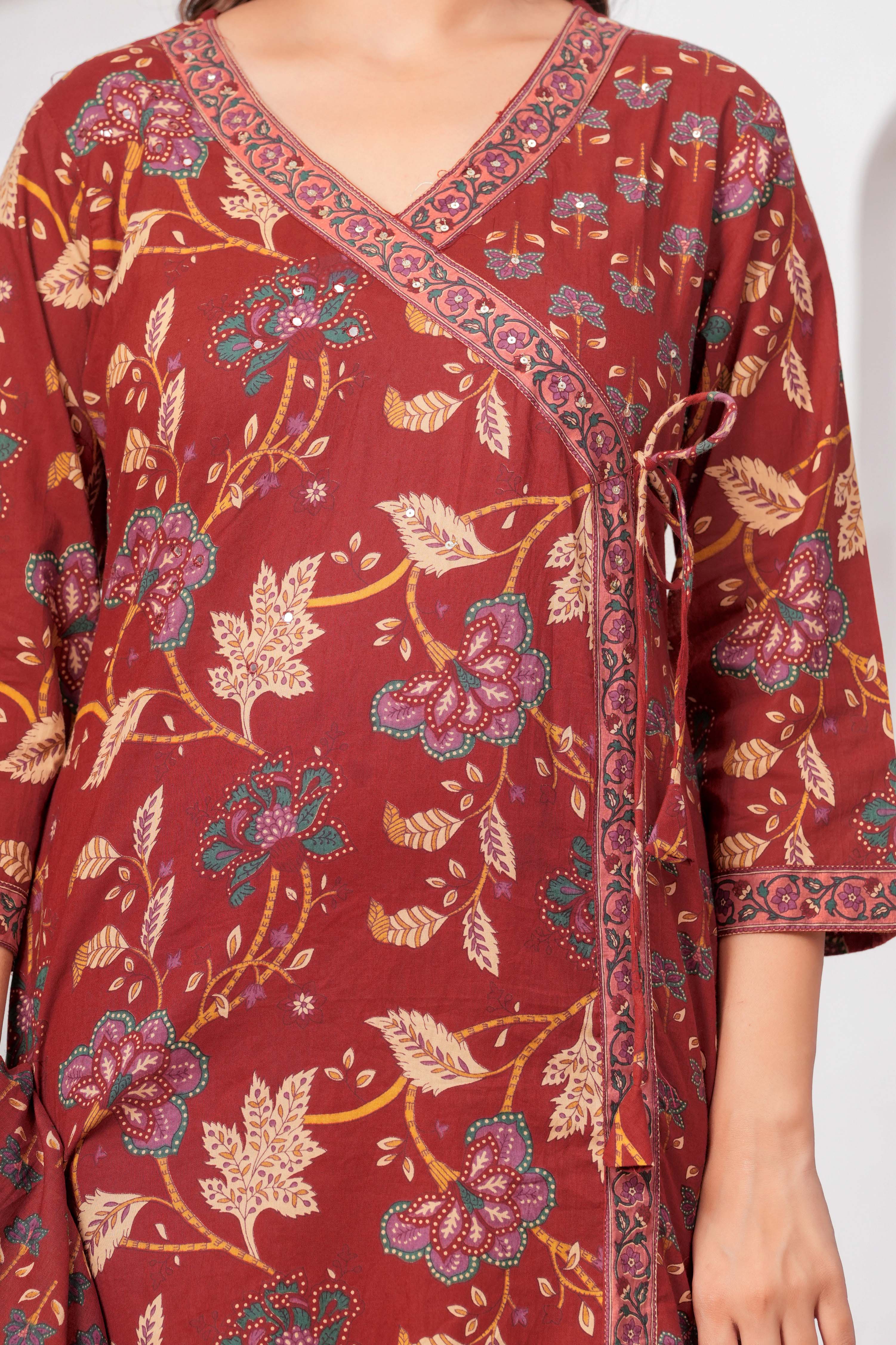Rust Red Floral Printed Kurta Set with Dupatta