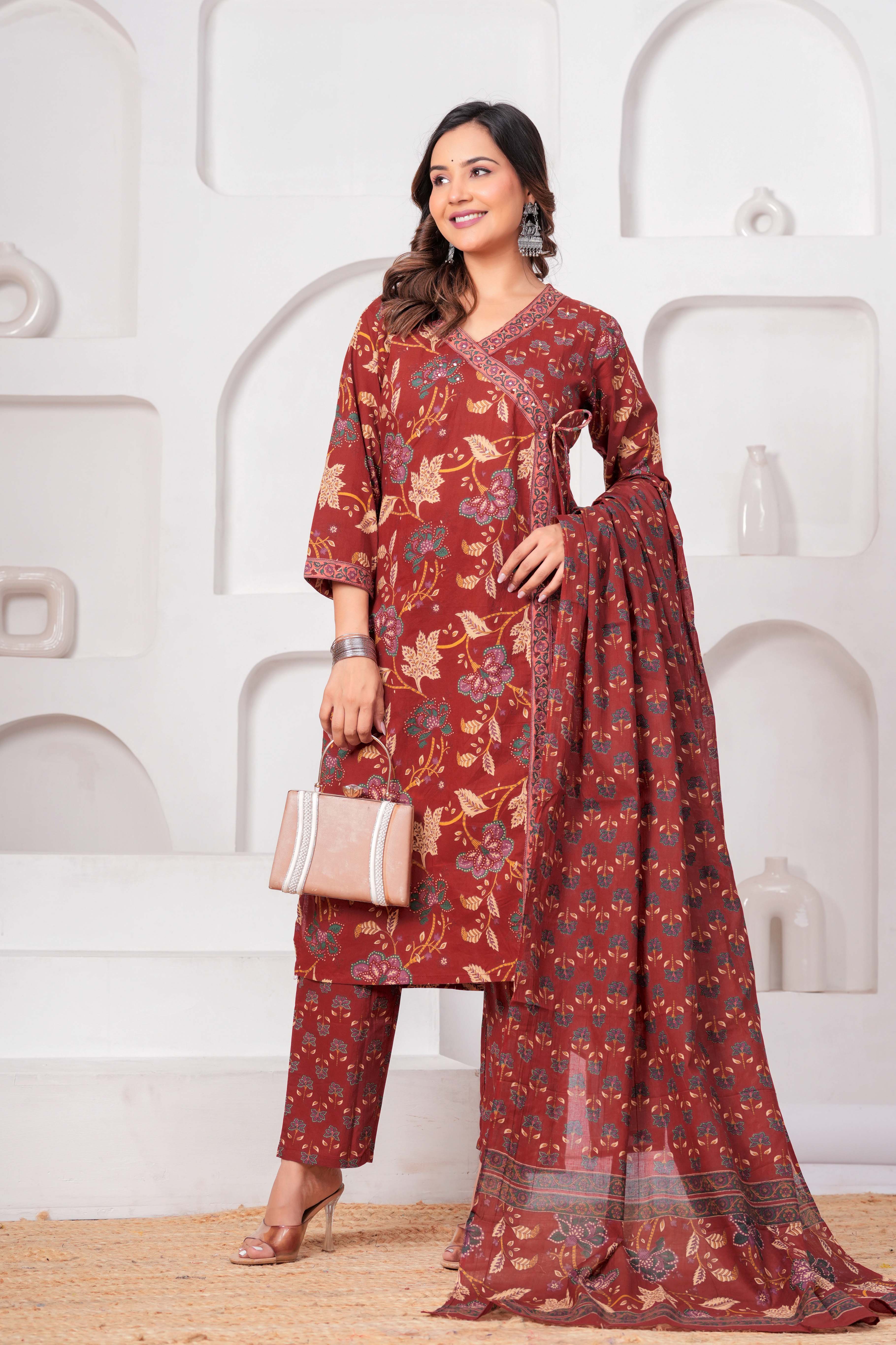 Rust Red Floral Printed Kurta Set with Dupatta