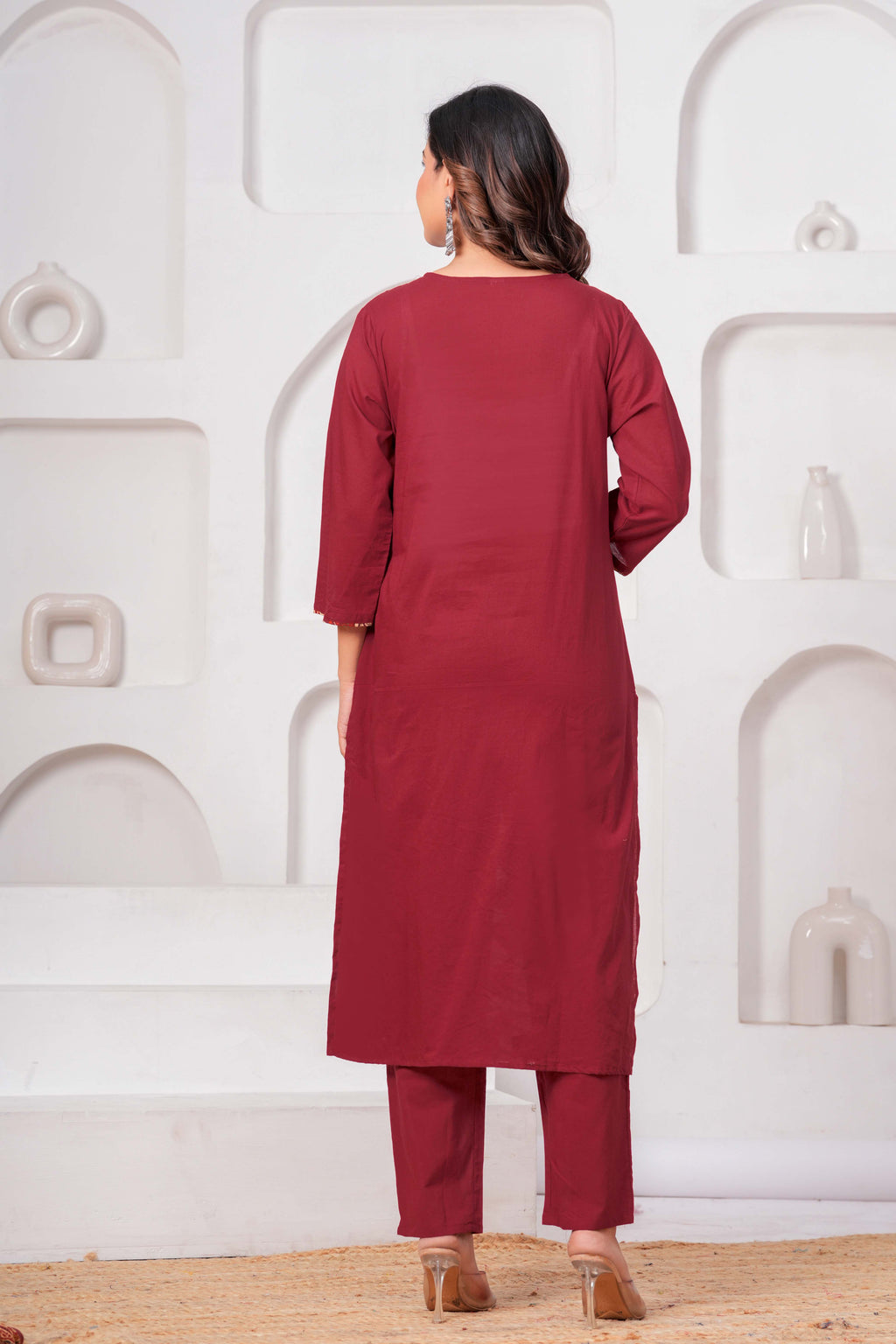 Maroon Embroidered Kurta Set with Printed Dupatta