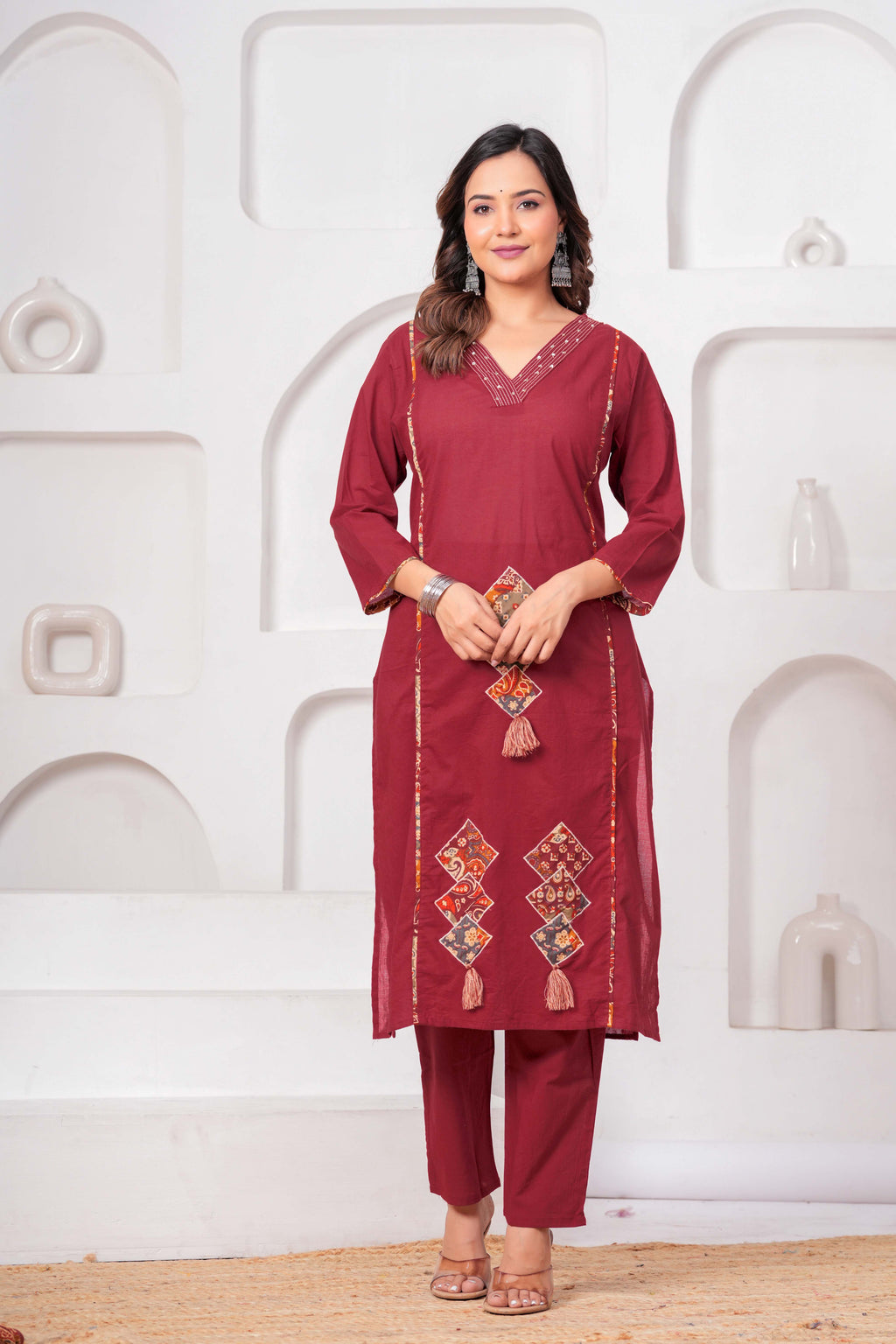 Maroon Embroidered Kurta Set with Printed Dupatta