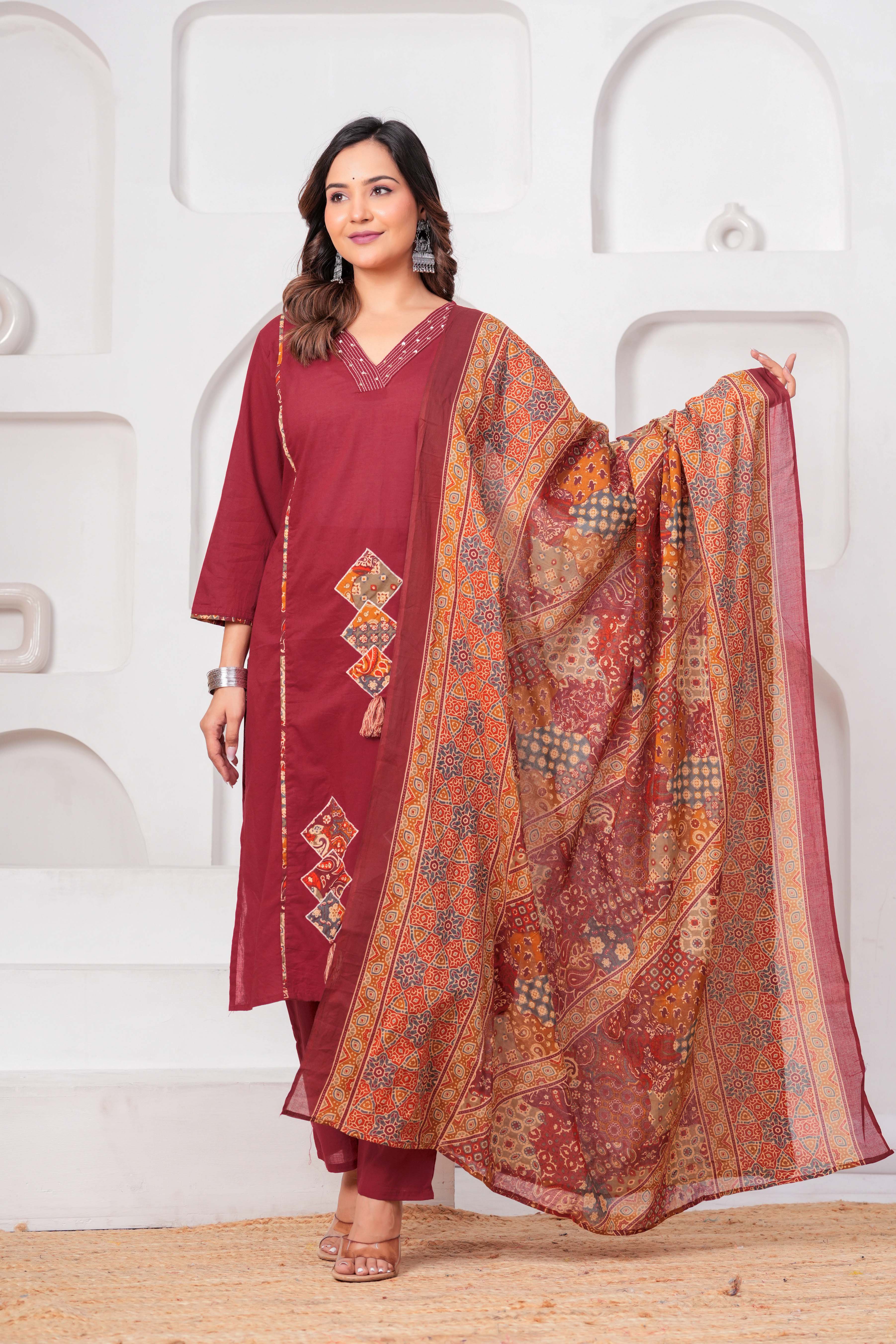 Maroon Embroidered Kurta Set with Printed Dupatta