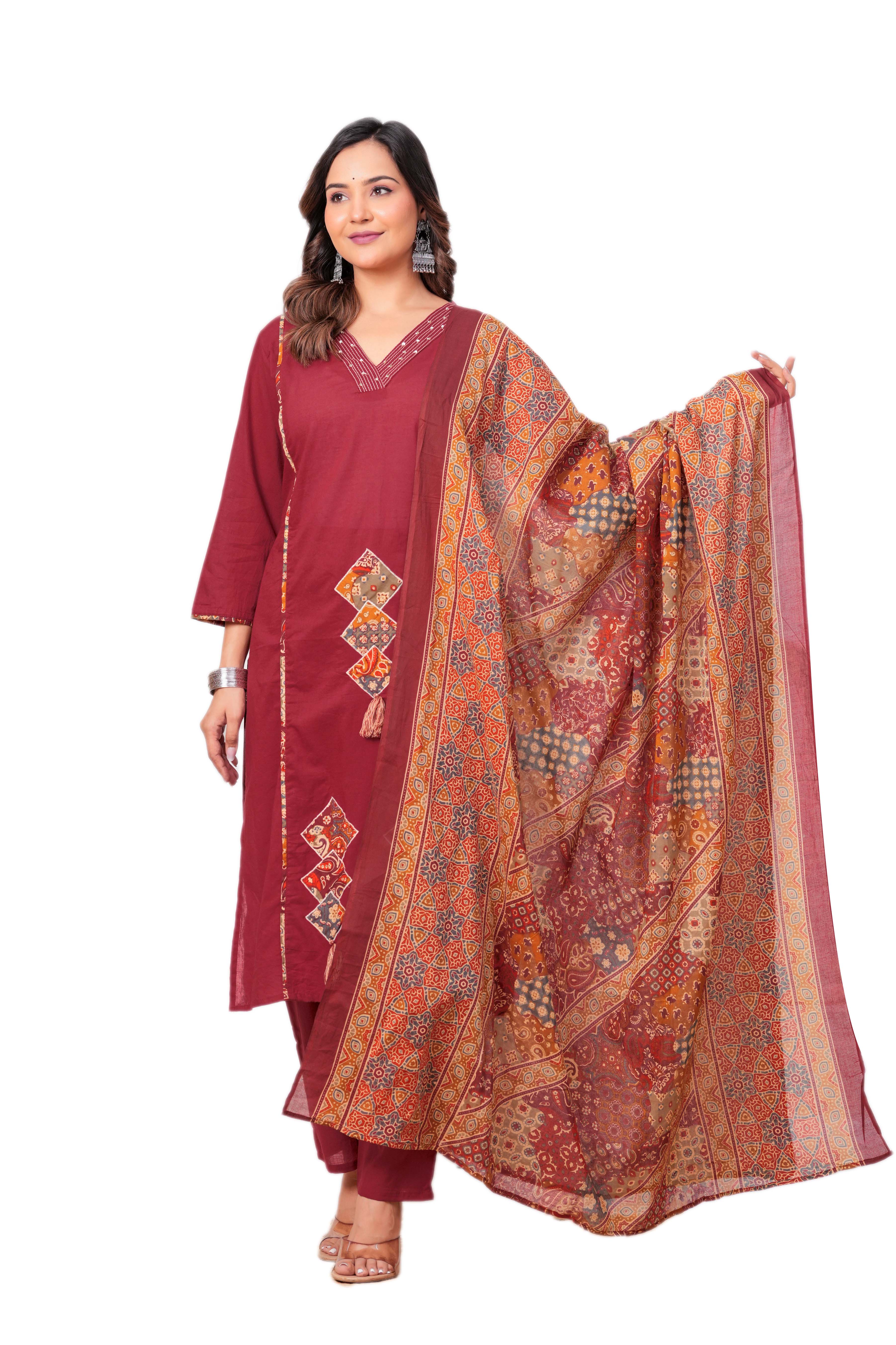 Maroon Embroidered Kurta Set with Printed Dupatta