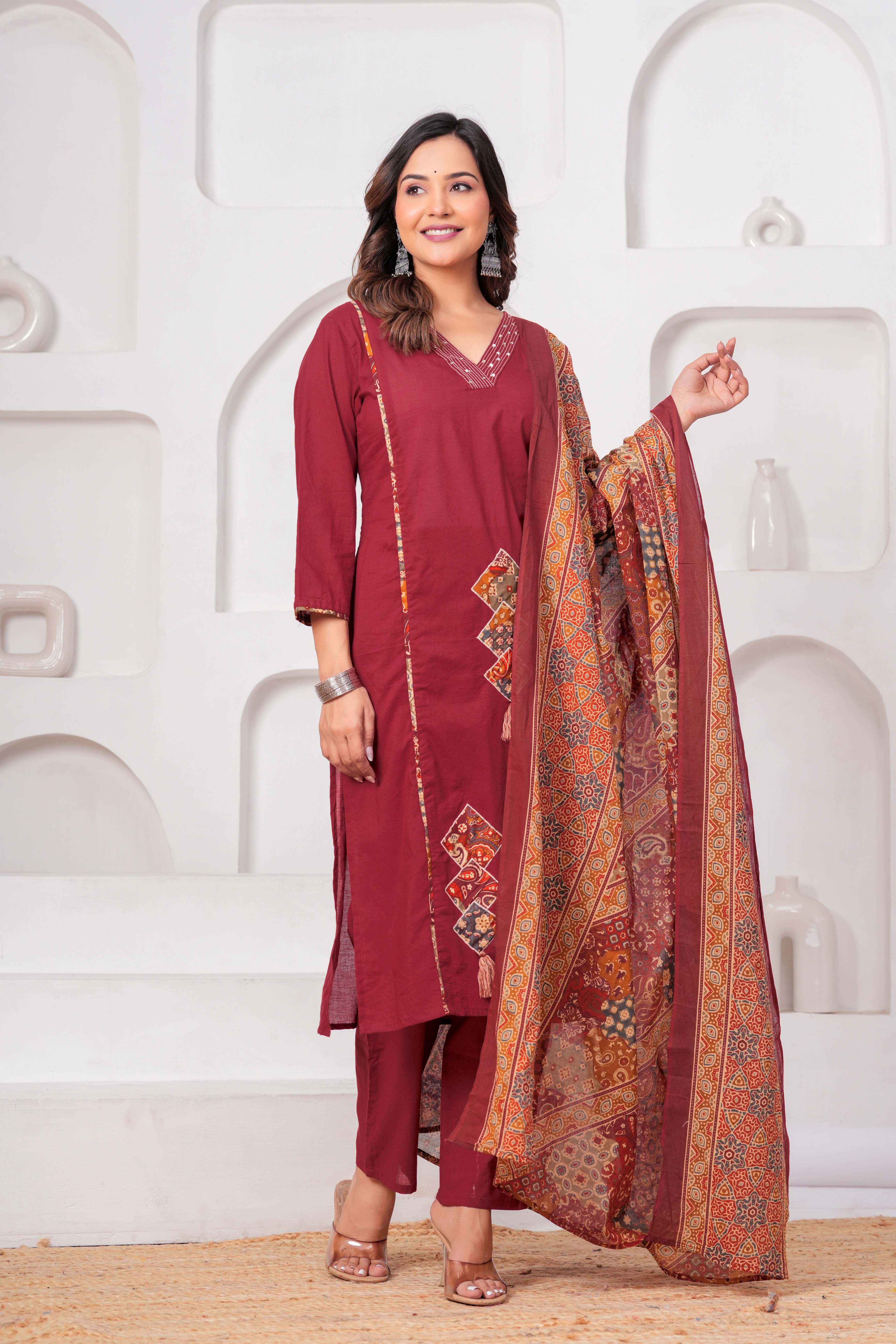 Maroon Embroidered Kurta Set with Printed Dupatta