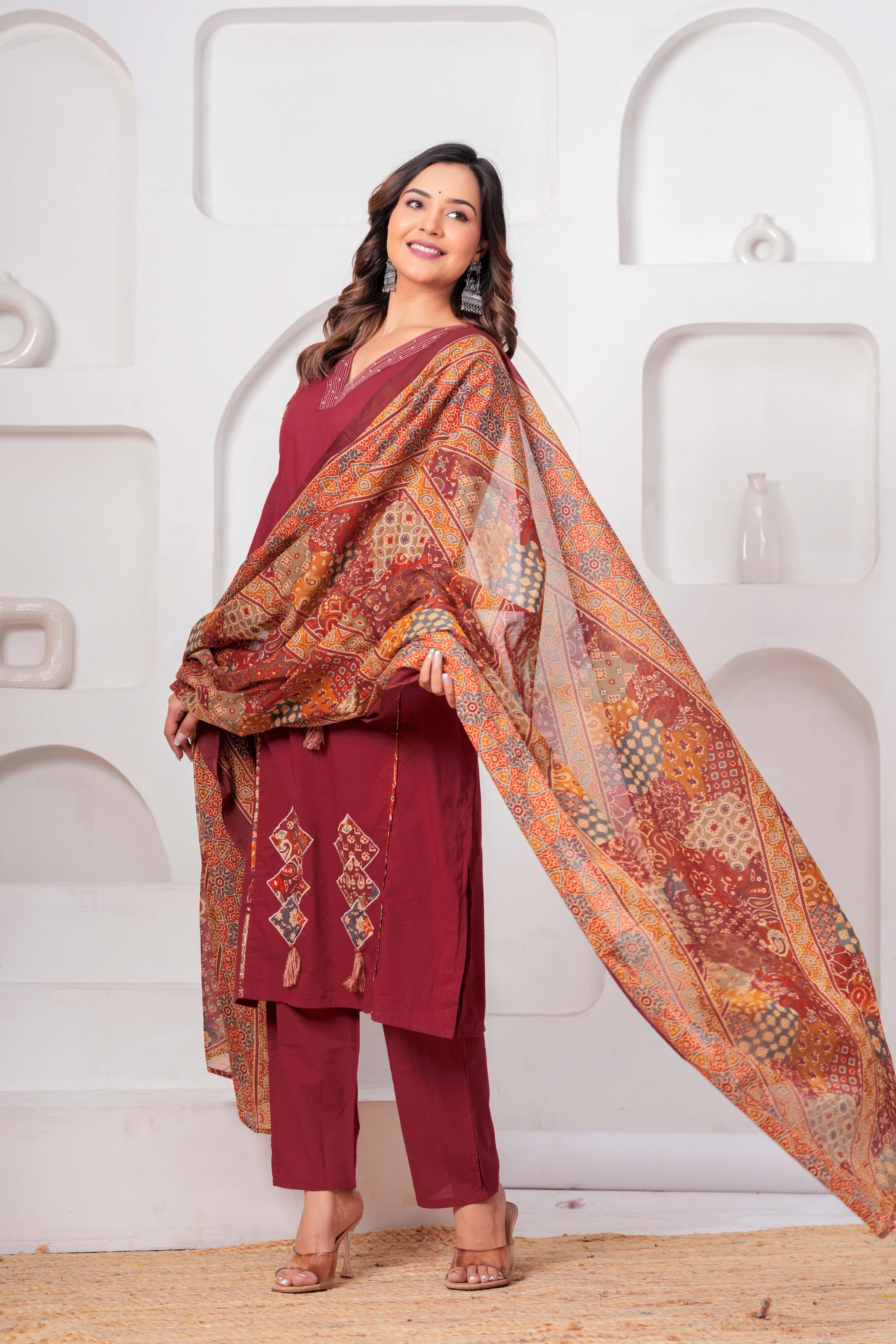 Maroon Embroidered Kurta Set with Printed Dupatta