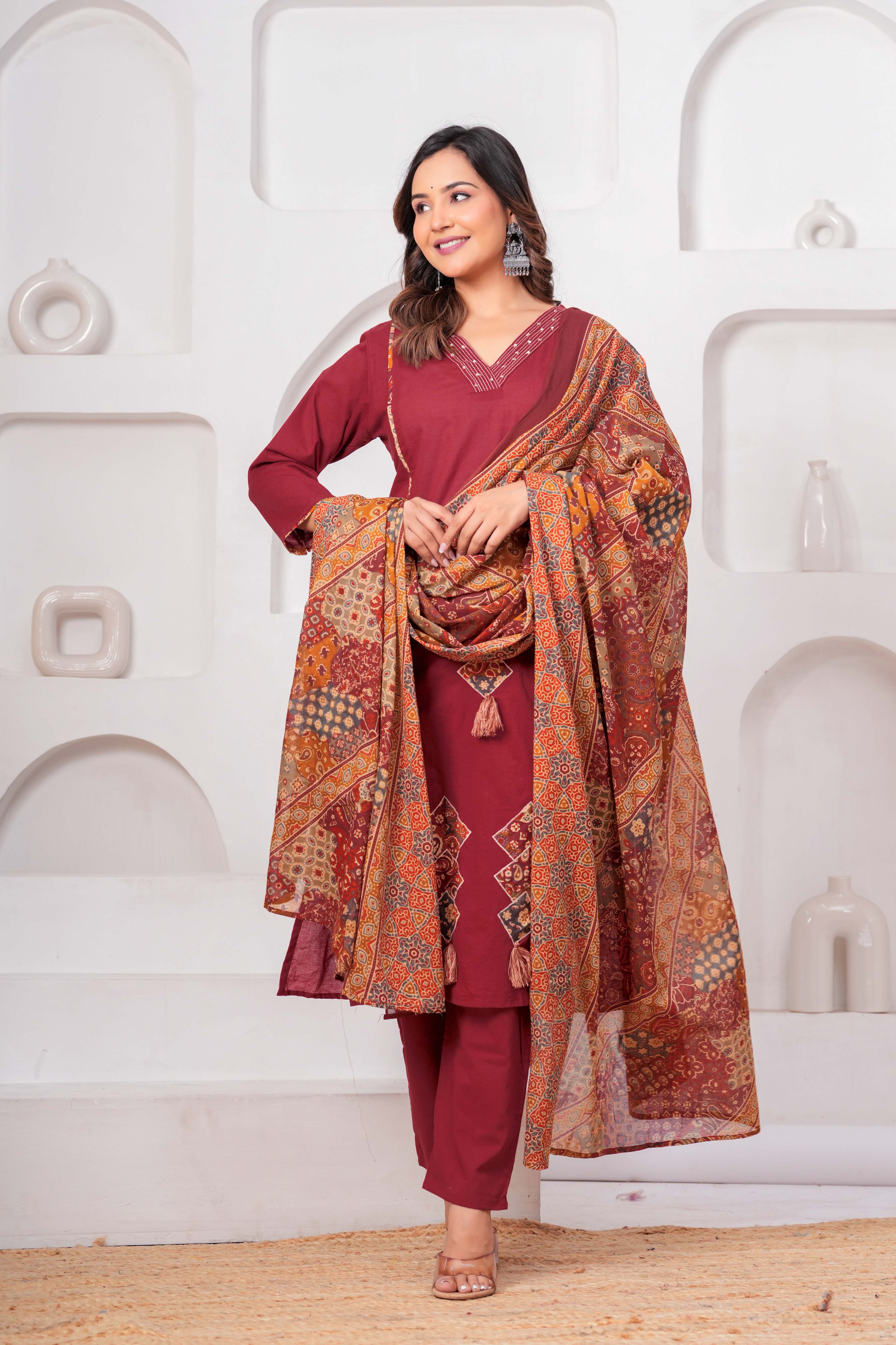 Maroon Embroidered Kurta Set with Printed Dupatta