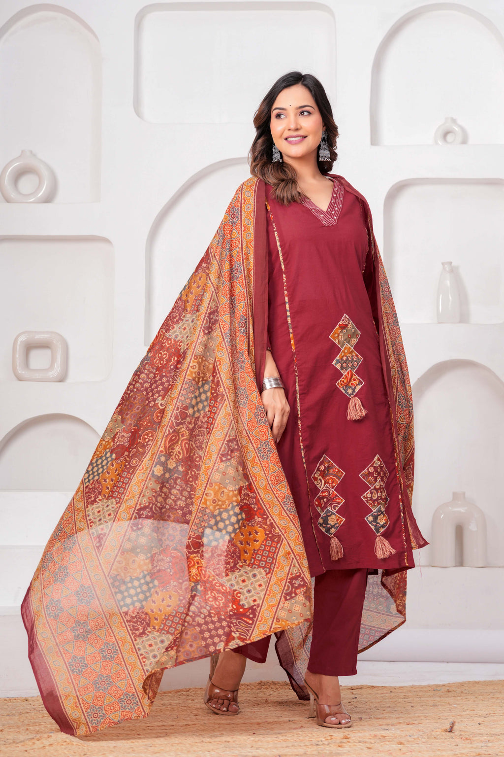 Maroon Embroidered Kurta Set with Printed Dupatta