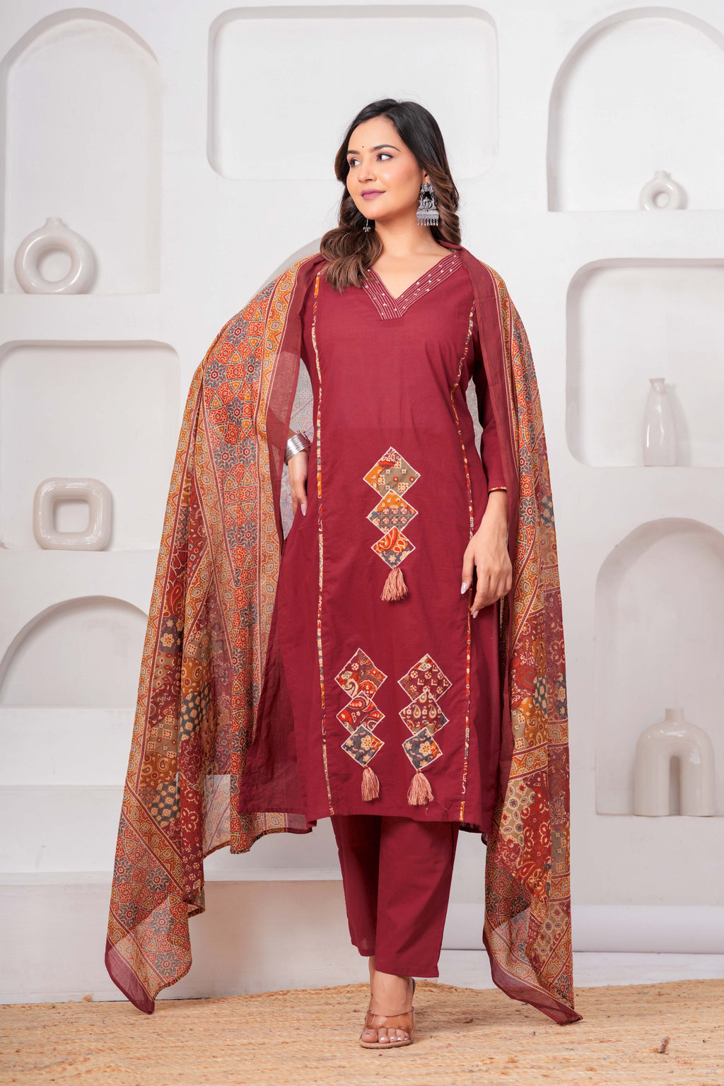 Maroon Embroidered Kurta Set with Printed Dupatta