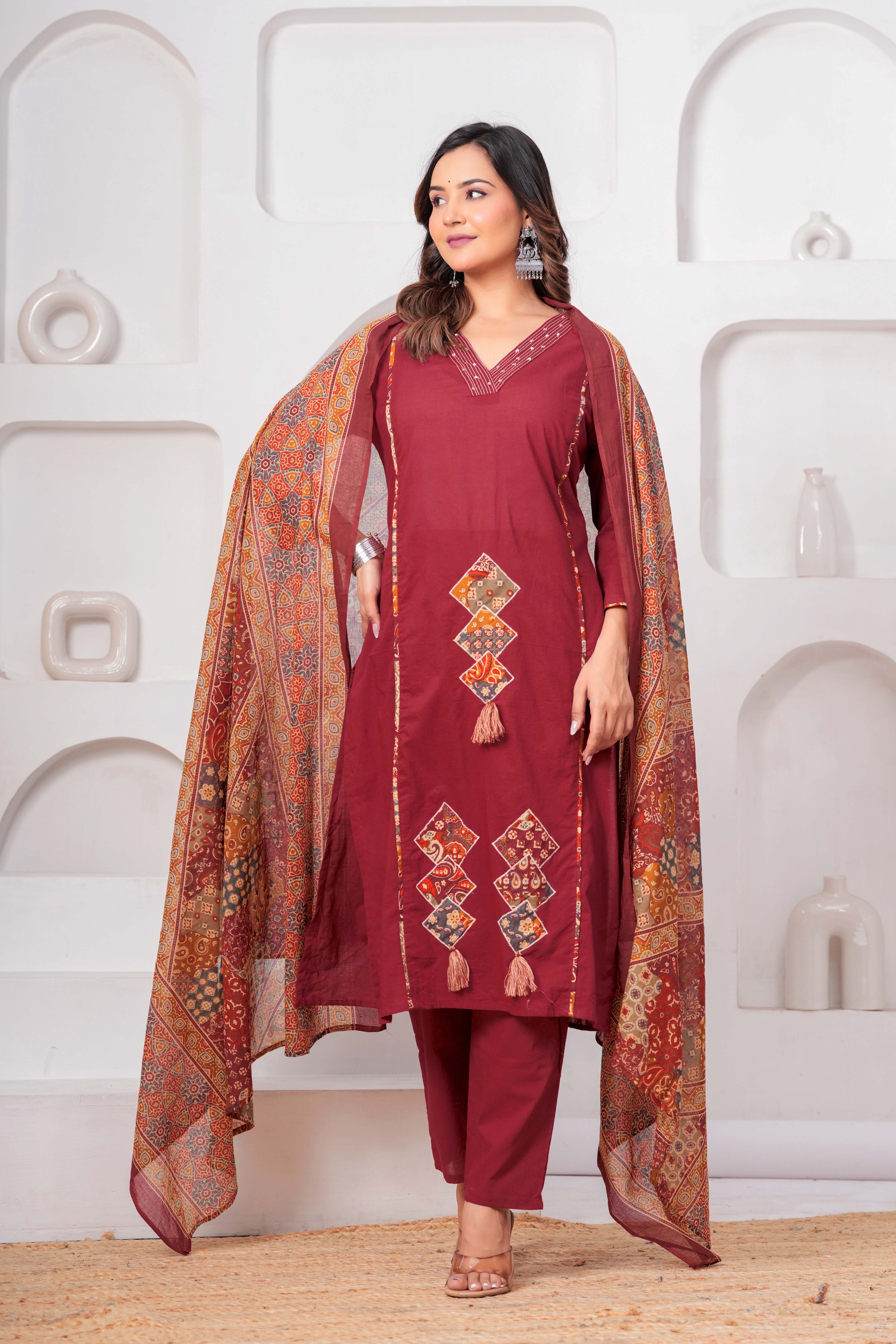 Maroon Embroidered Kurta Set with Printed Dupatta
