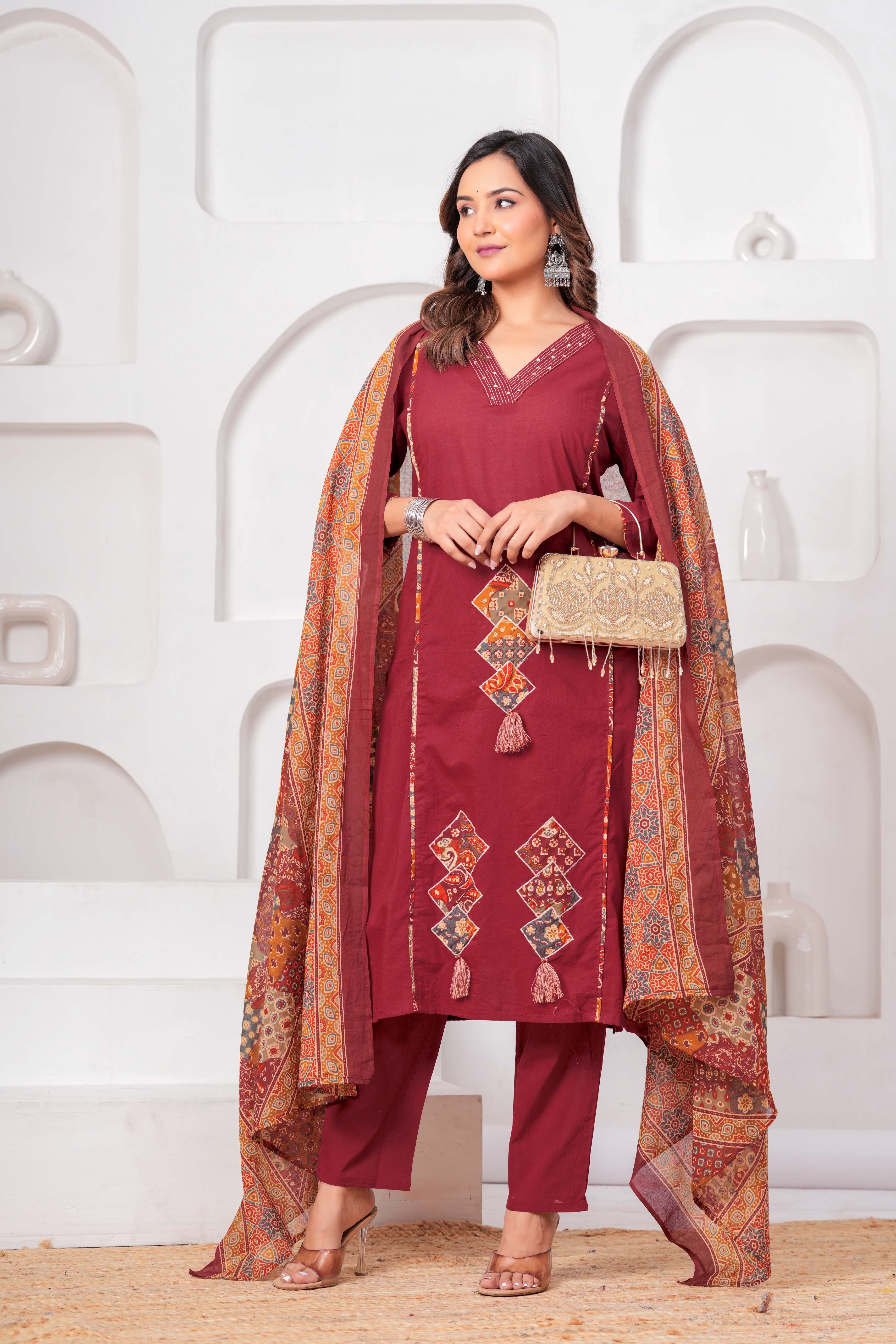 Maroon Embroidered Kurta Set with Printed Dupatta