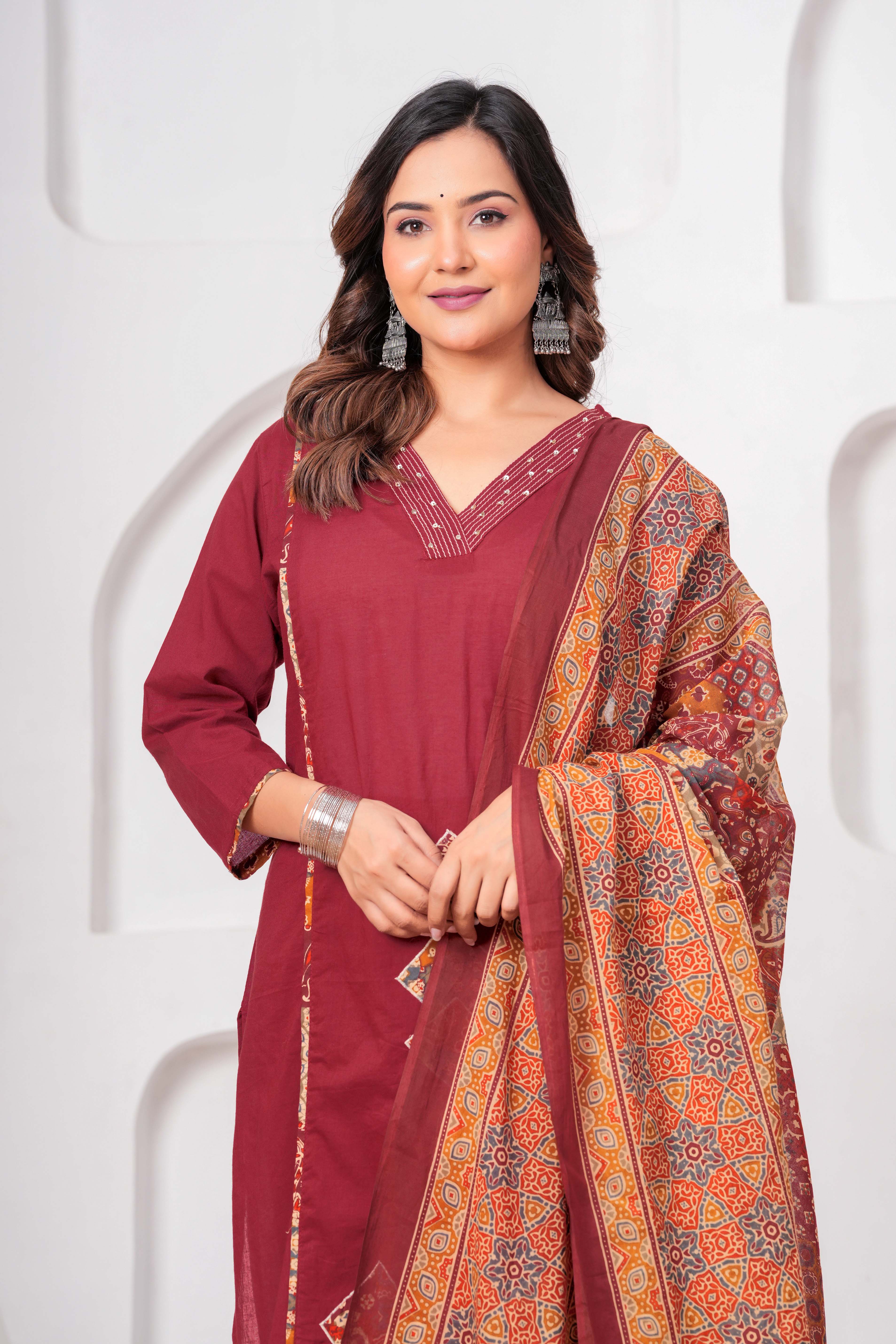 Maroon Embroidered Kurta Set with Printed Dupatta