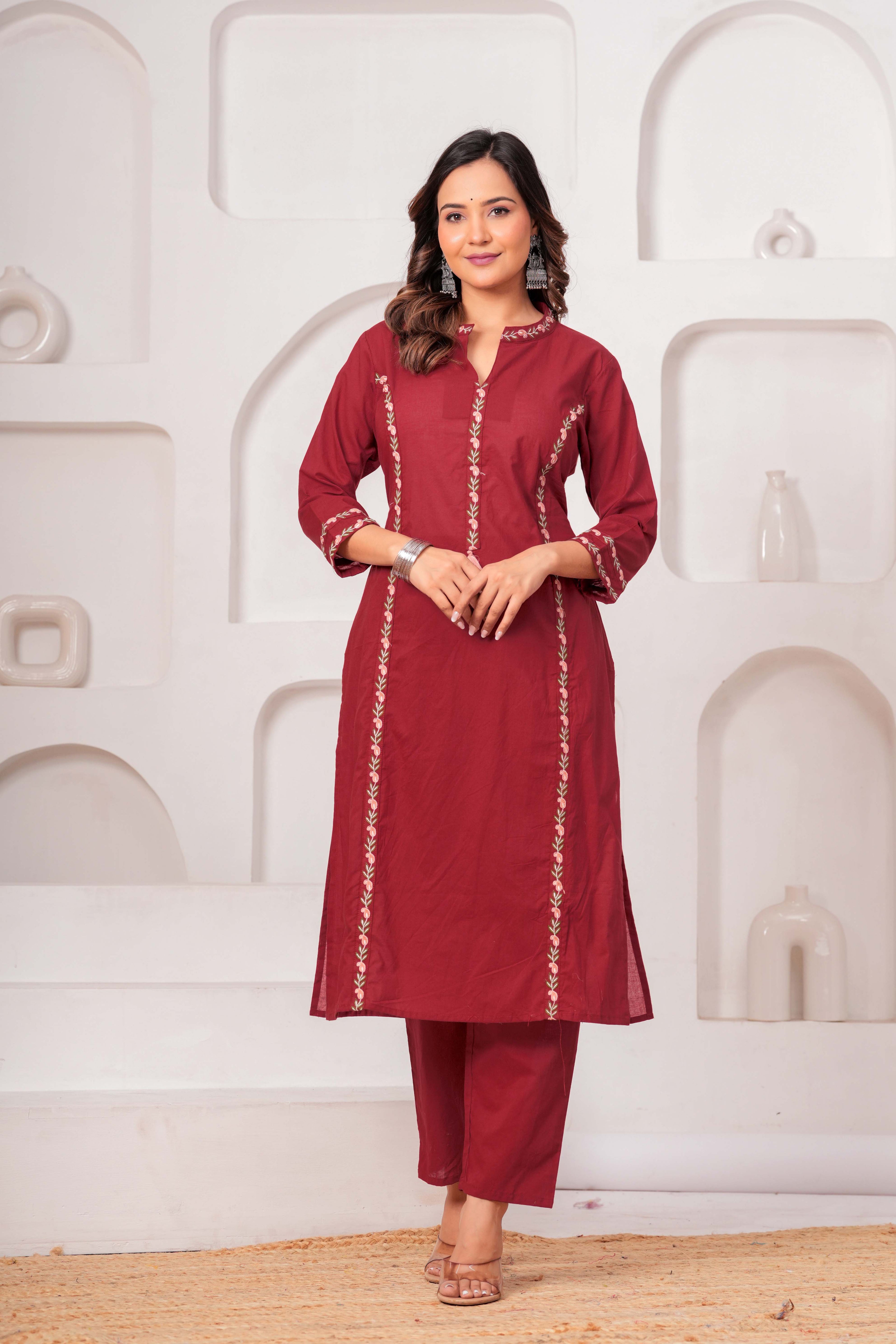 Elegant Maroon Embroidered Kurta Set with Dupatta