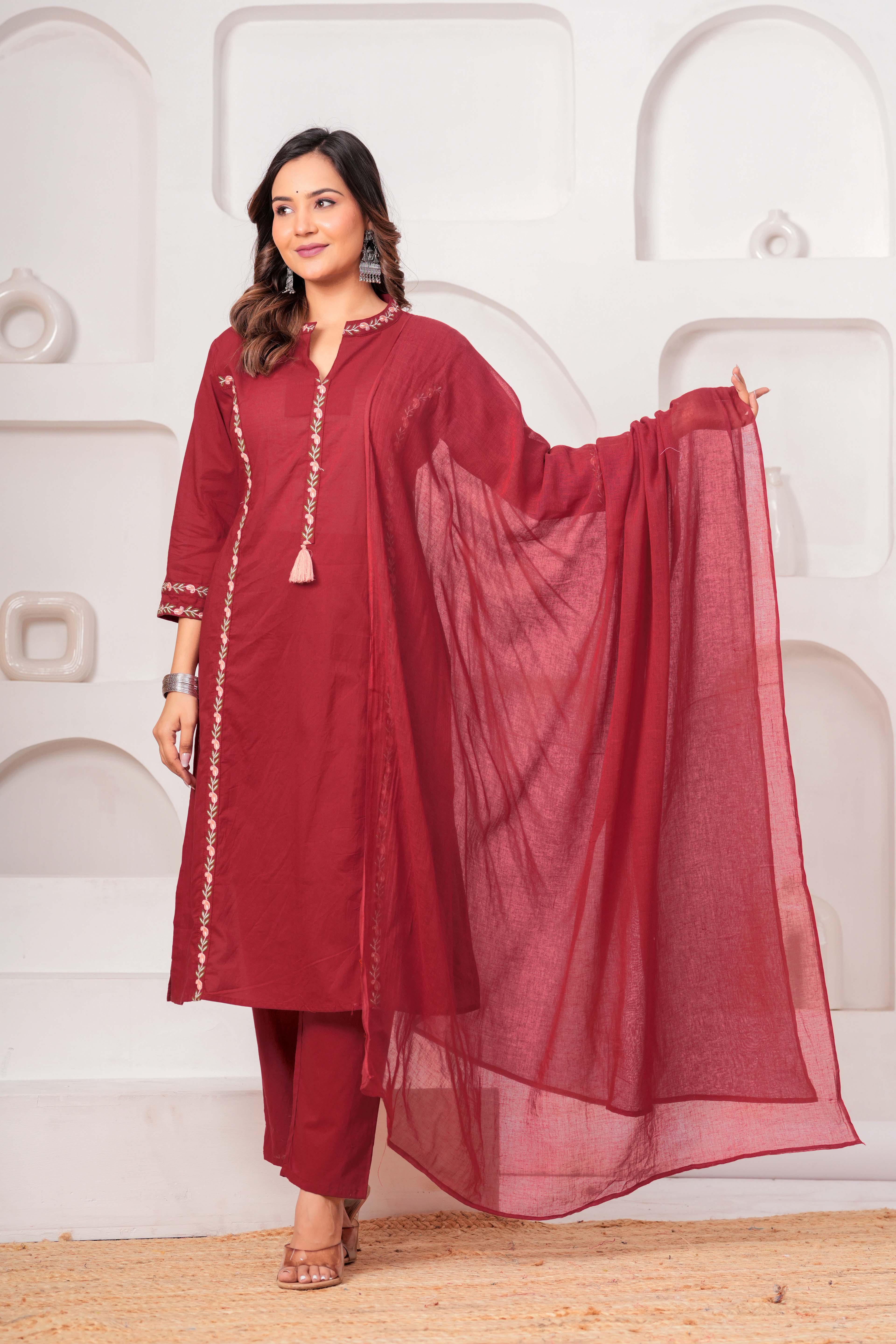 Elegant Maroon Embroidered Kurta Set with Dupatta