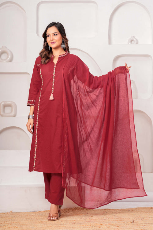 Elegant Maroon Embroidered Kurta Set with Dupatta