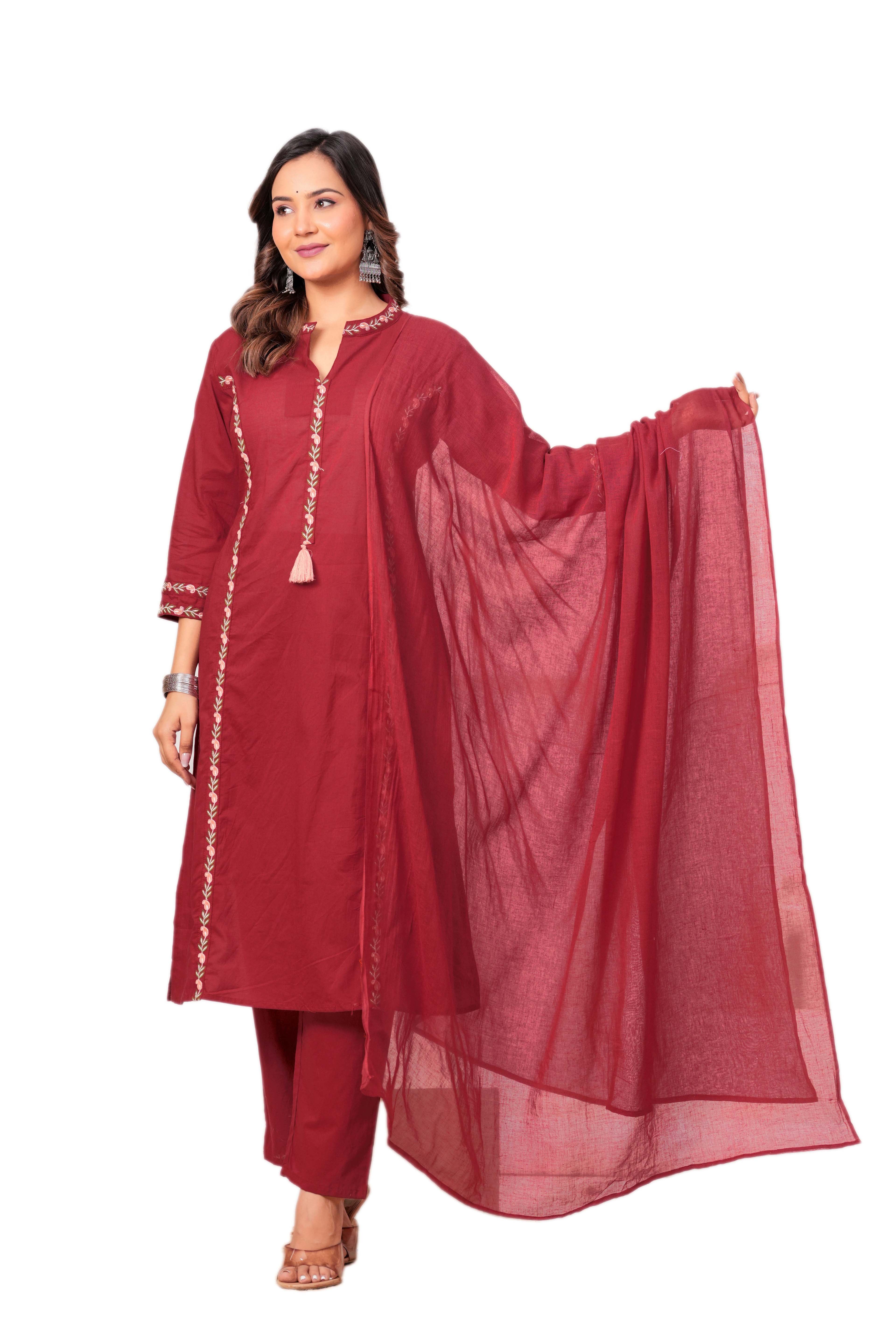 Elegant Maroon Embroidered Kurta Set with Dupatta