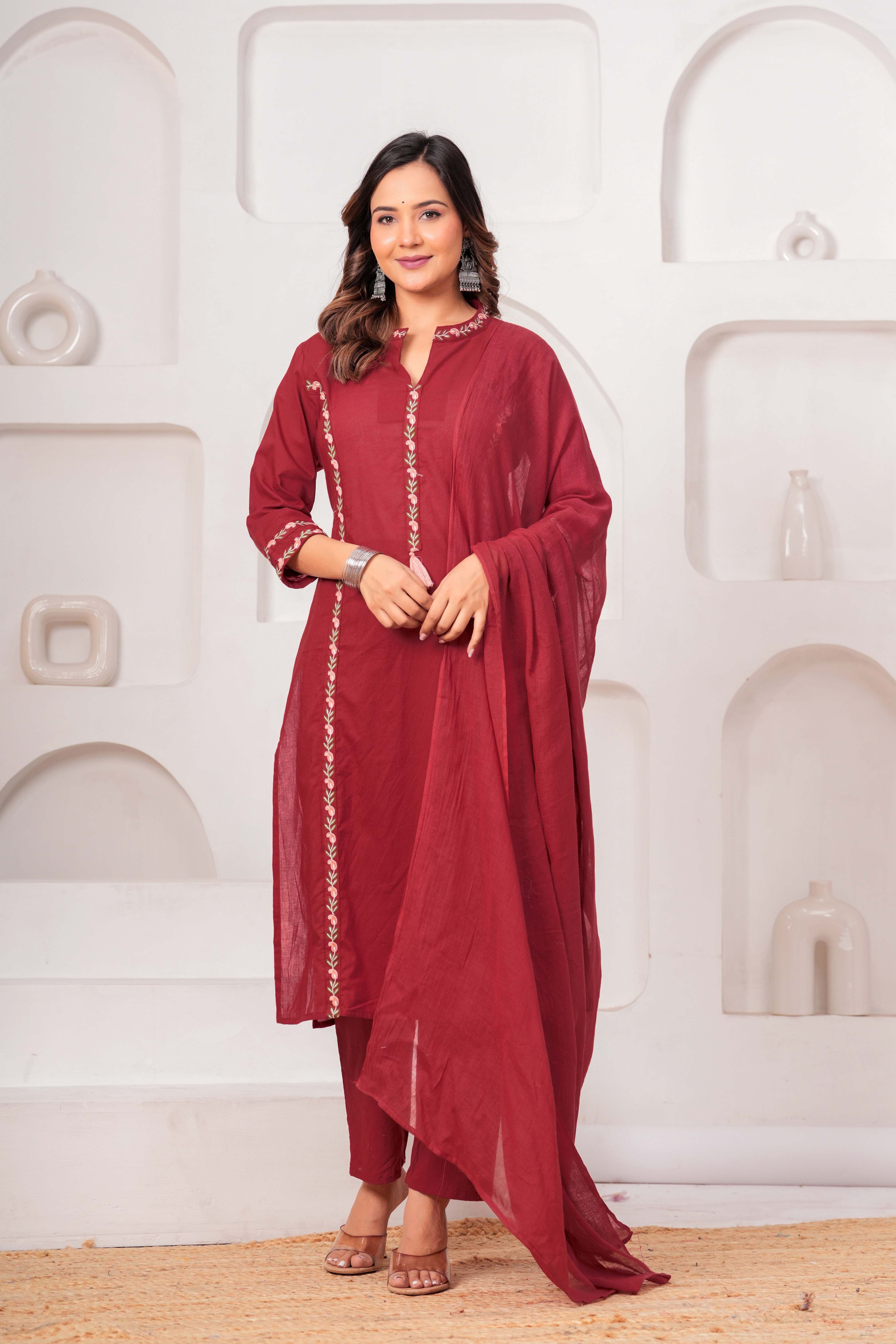 Elegant Maroon Embroidered Kurta Set with Dupatta