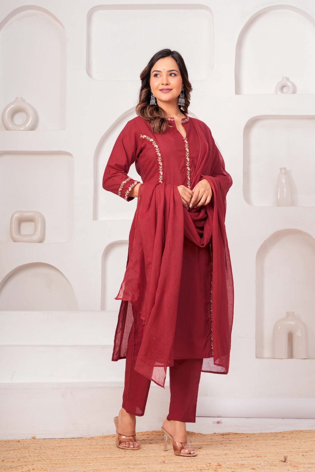 Elegant Maroon Embroidered Kurta Set with Dupatta