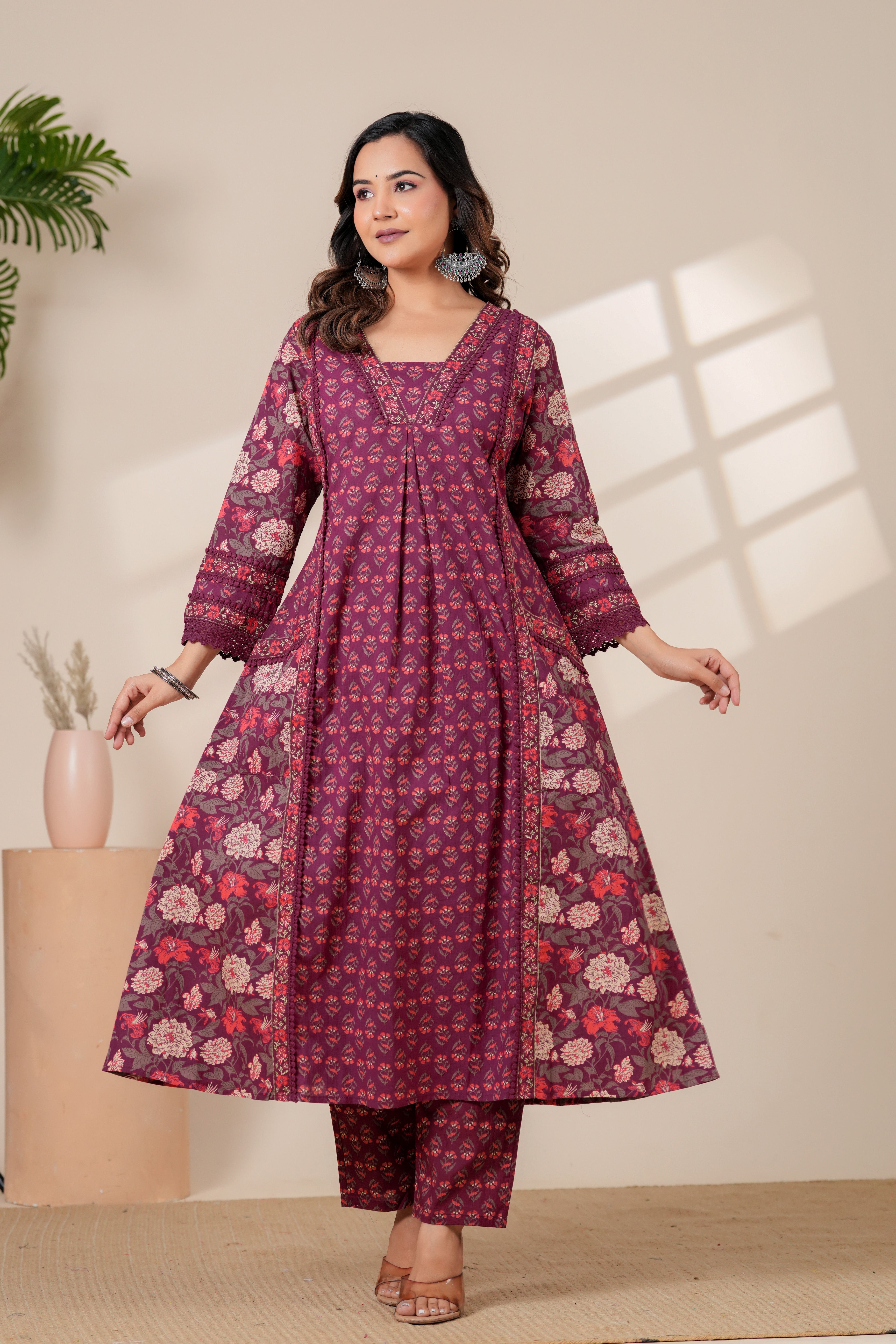 Elegant Maroon Floral Kurta & Pant Set with Lightweight Dupatta