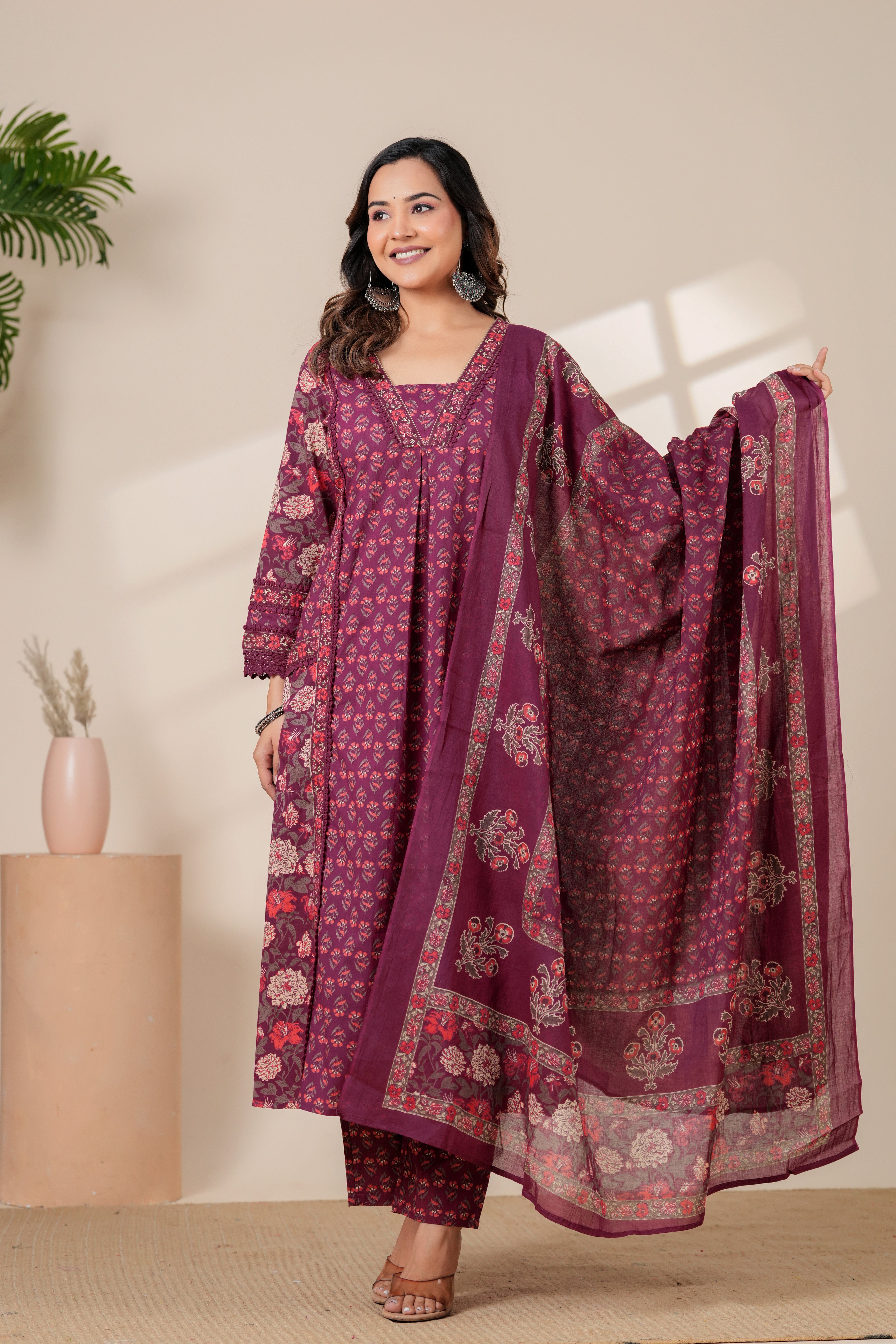 Elegant Maroon Floral Kurta & Pant Set with Lightweight Dupatta