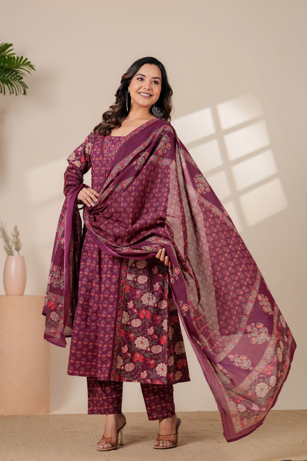 Elegant Maroon Floral Kurta & Pant Set with Lightweight Dupatta
