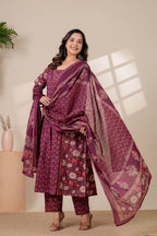 Elegant Maroon Floral Kurta & Pant Set with Lightweight Dupatta