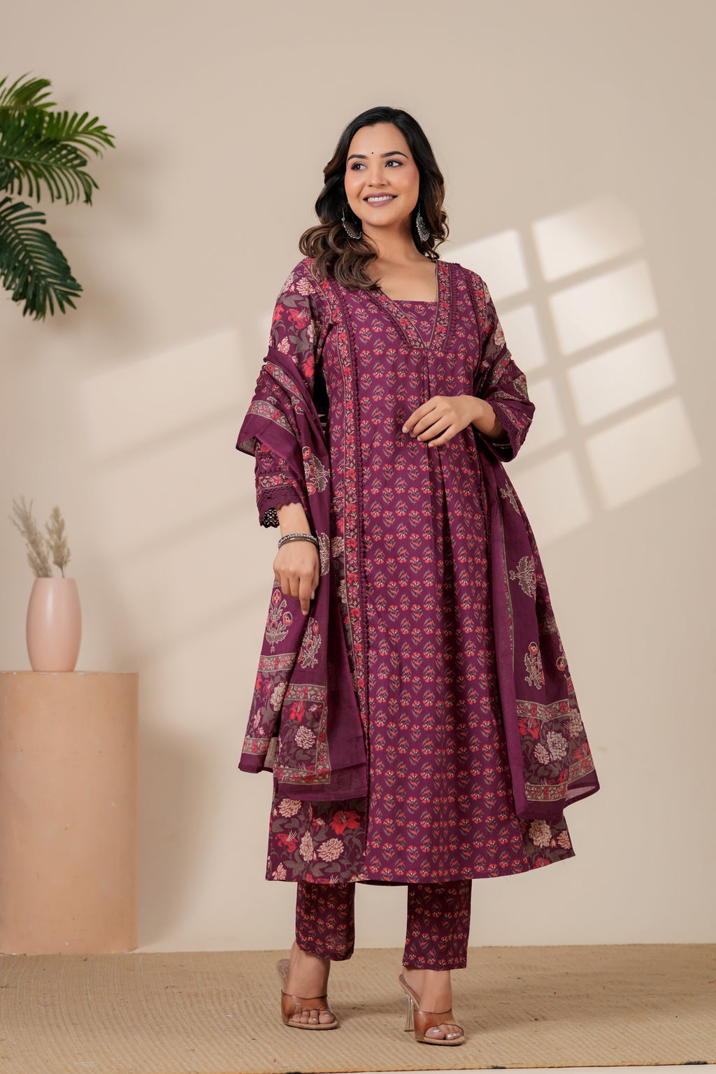 Elegant Maroon Floral Kurta & Pant Set with Lightweight Dupatta