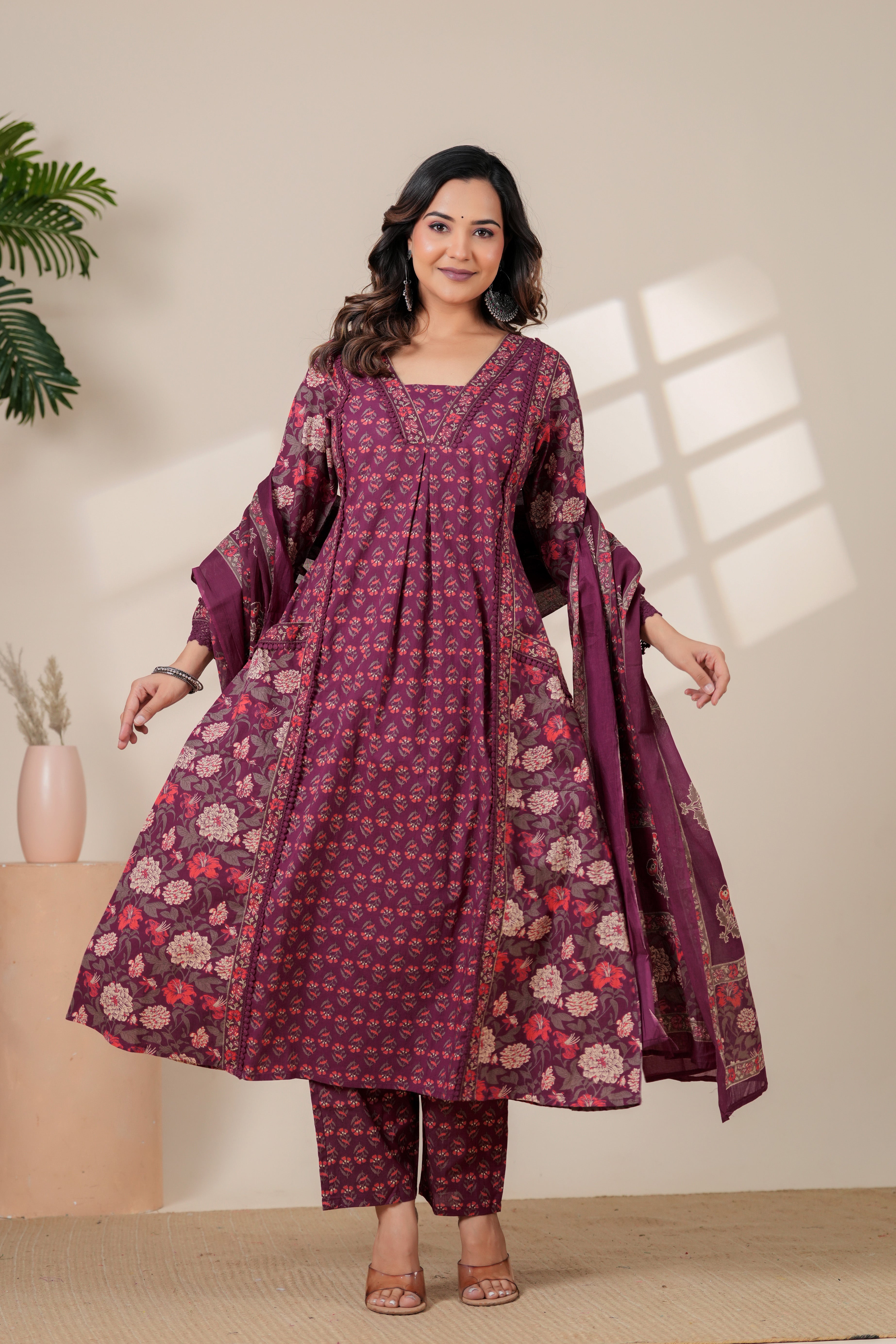 Elegant Maroon Floral Kurta & Pant Set with Lightweight Dupatta