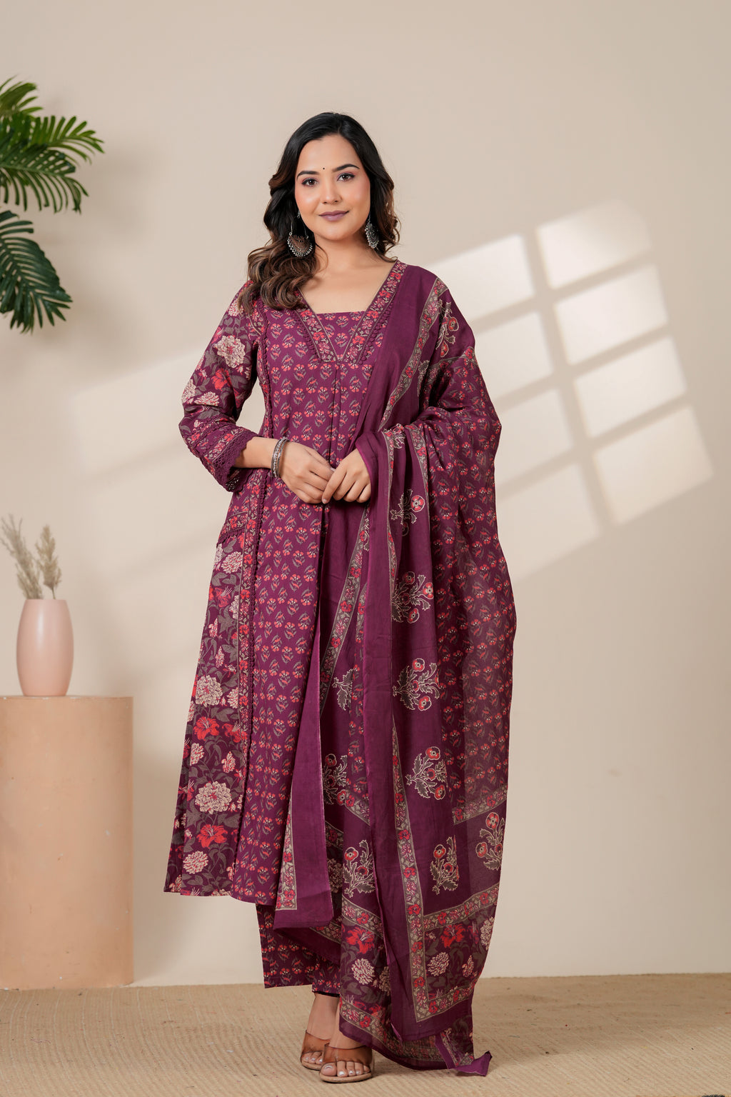 Elegant Maroon Floral Kurta & Pant Set with Lightweight Dupatta