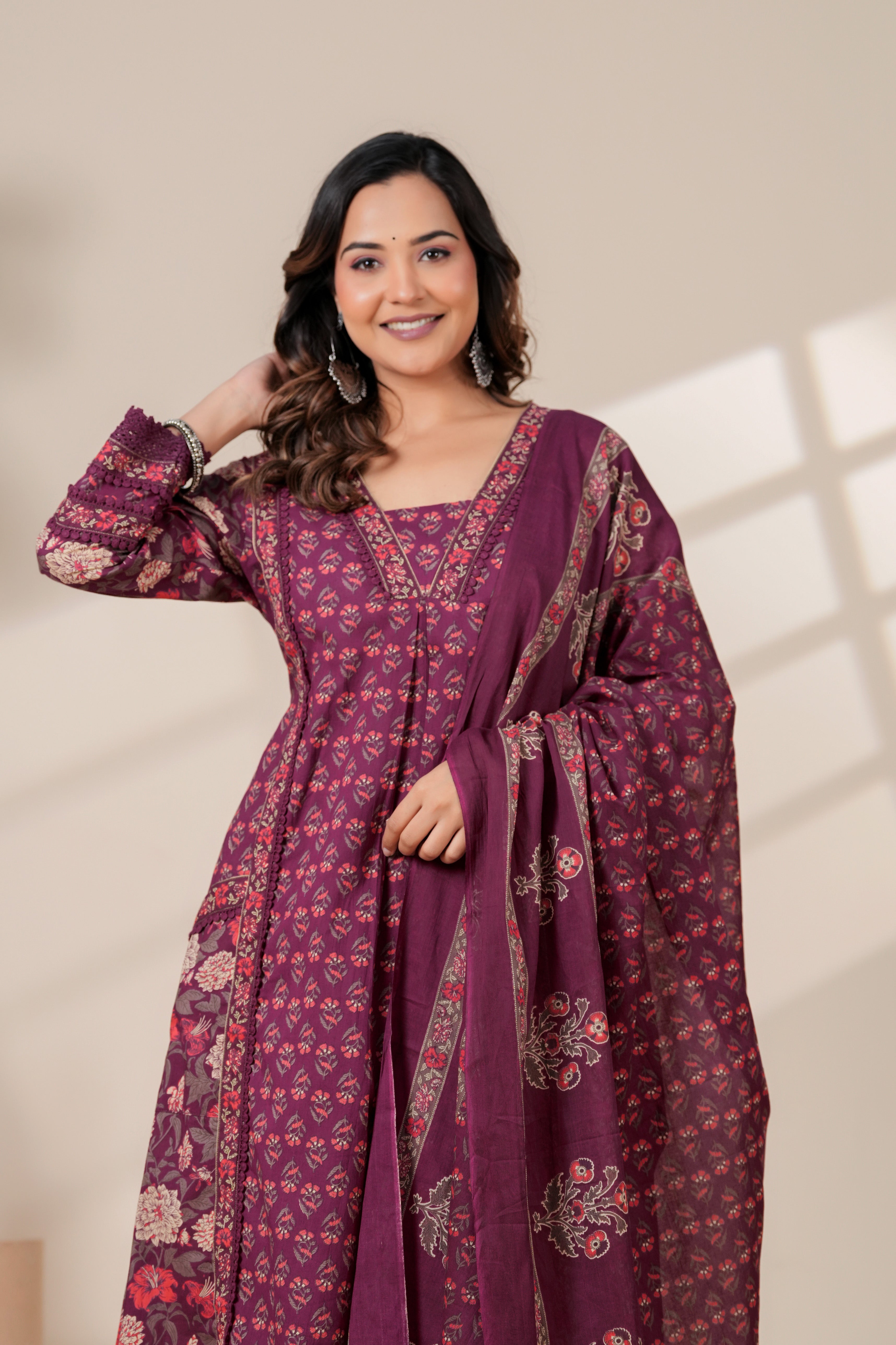Elegant Maroon Floral Kurta & Pant Set with Lightweight Dupatta
