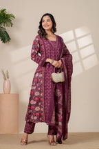 Elegant Maroon Floral Kurta & Pant Set with Lightweight Dupatta