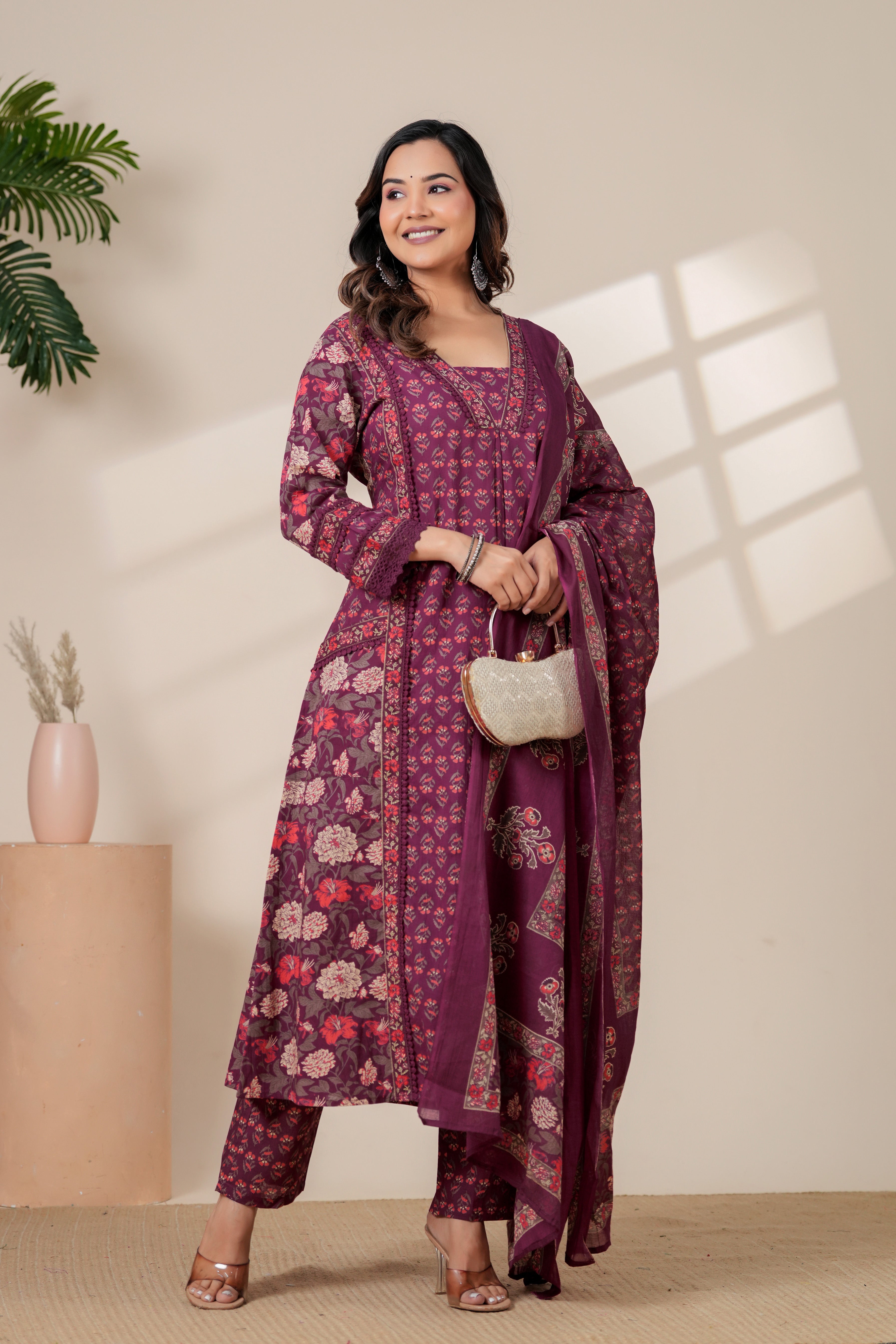 Elegant Maroon Floral Kurta & Pant Set with Lightweight Dupatta