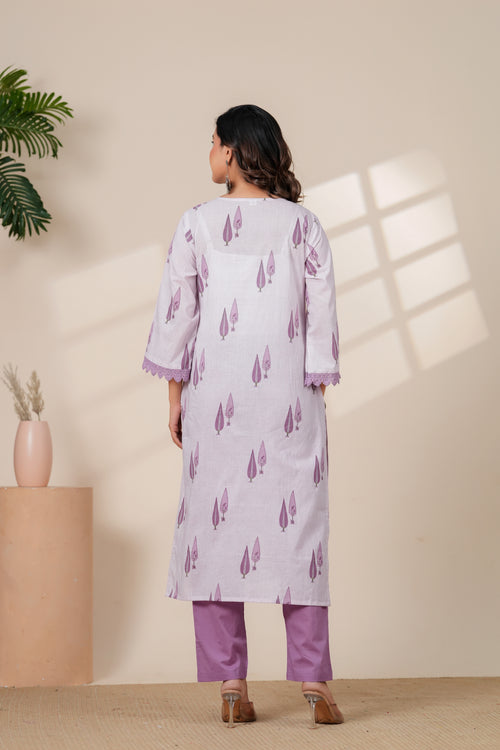 Elegant Lavender Printed Kurta with Pants & Floral Dupatta Set